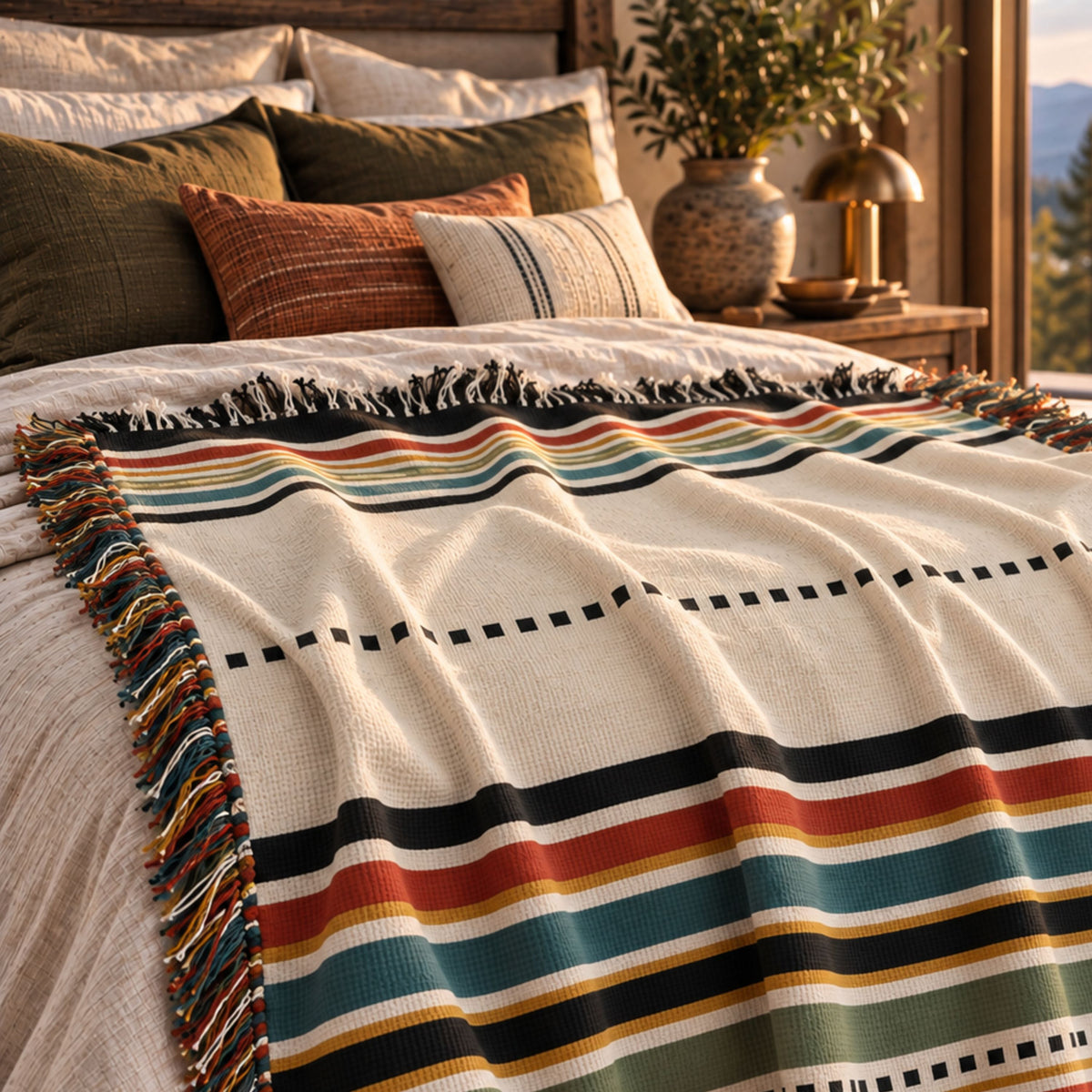 Echo Rust striped woven cotton throw blanket folded at the foot of a bed with layered pillows