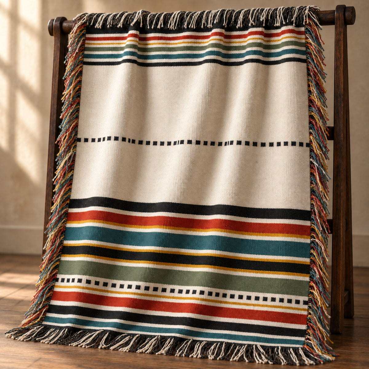 Rust, teal, olive, and gold striped woven cotton throw blanket with fringe on a wooden ladder rack