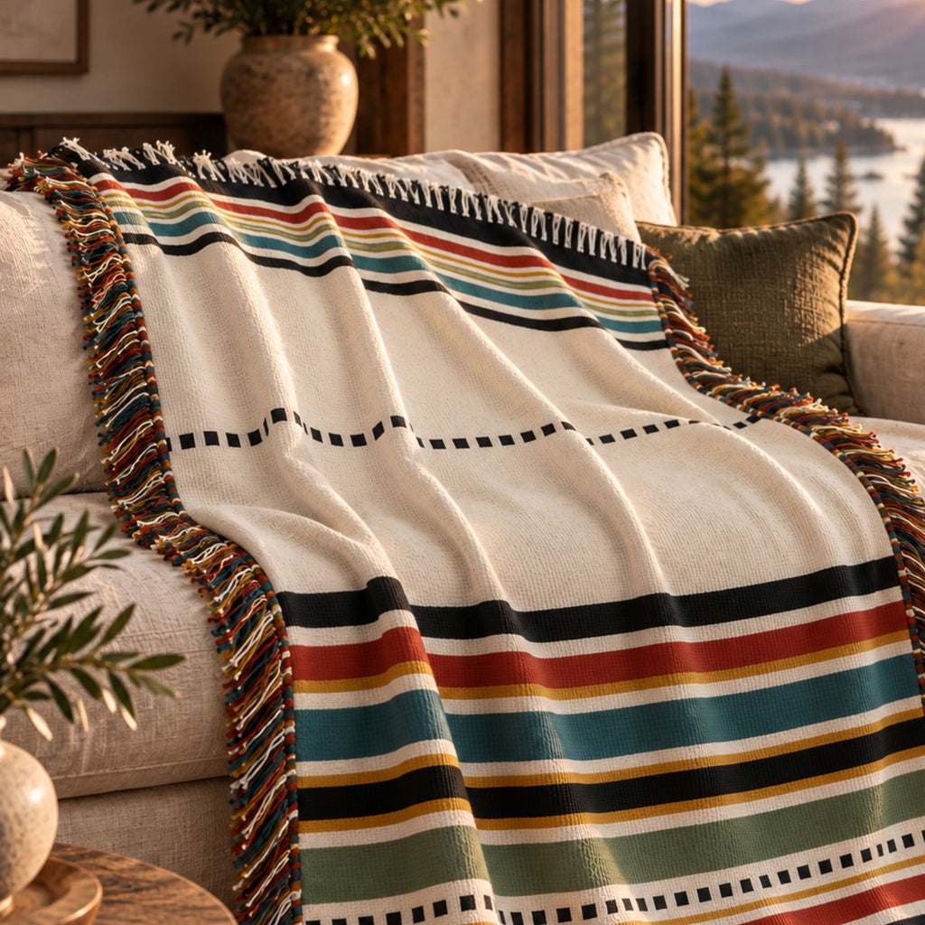 Rust, teal, olive, and gold striped woven cotton throw blanket draped over a tan sofa
