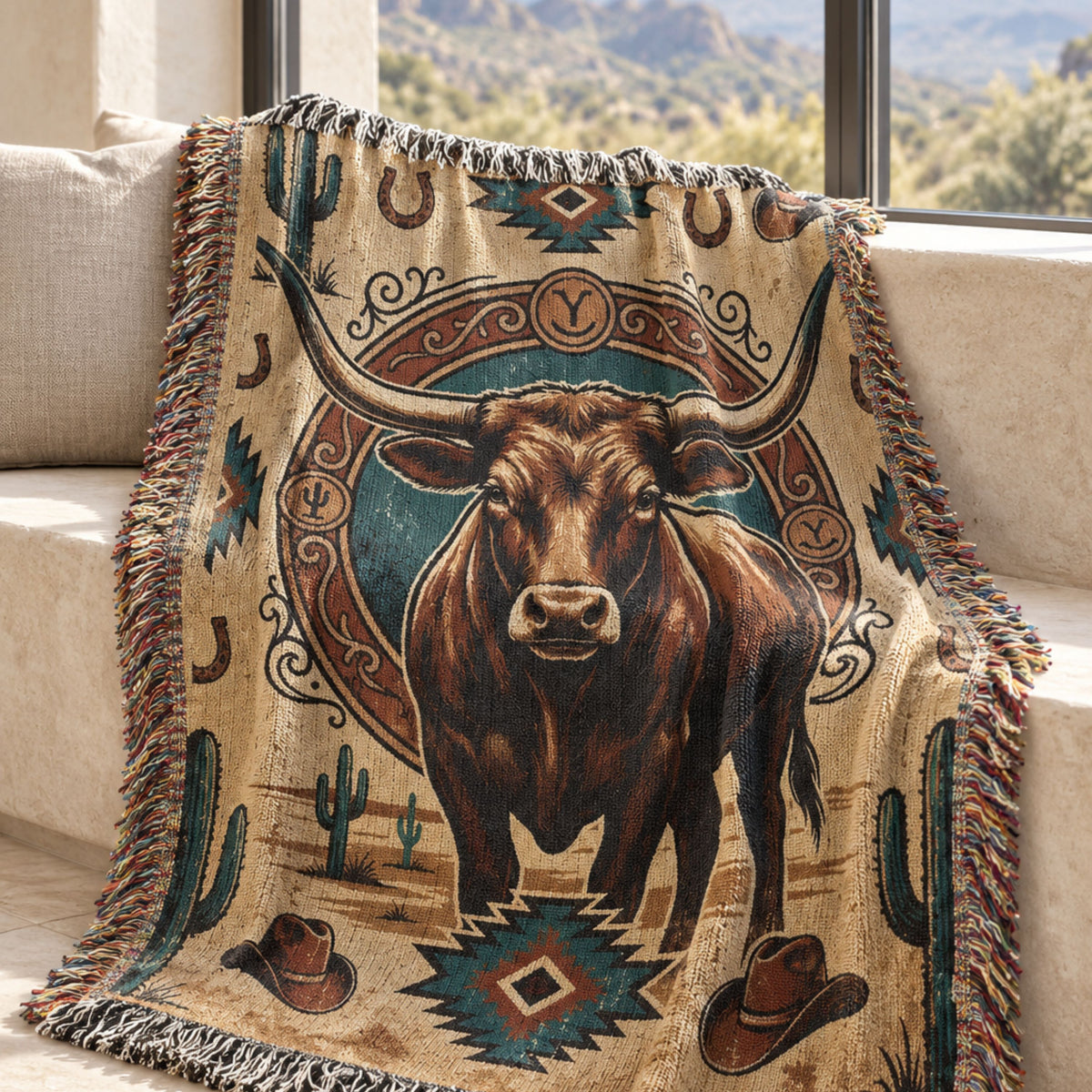 Longhorn western heritage woven cotton throw blanket draped over a bench with a desert mountain view