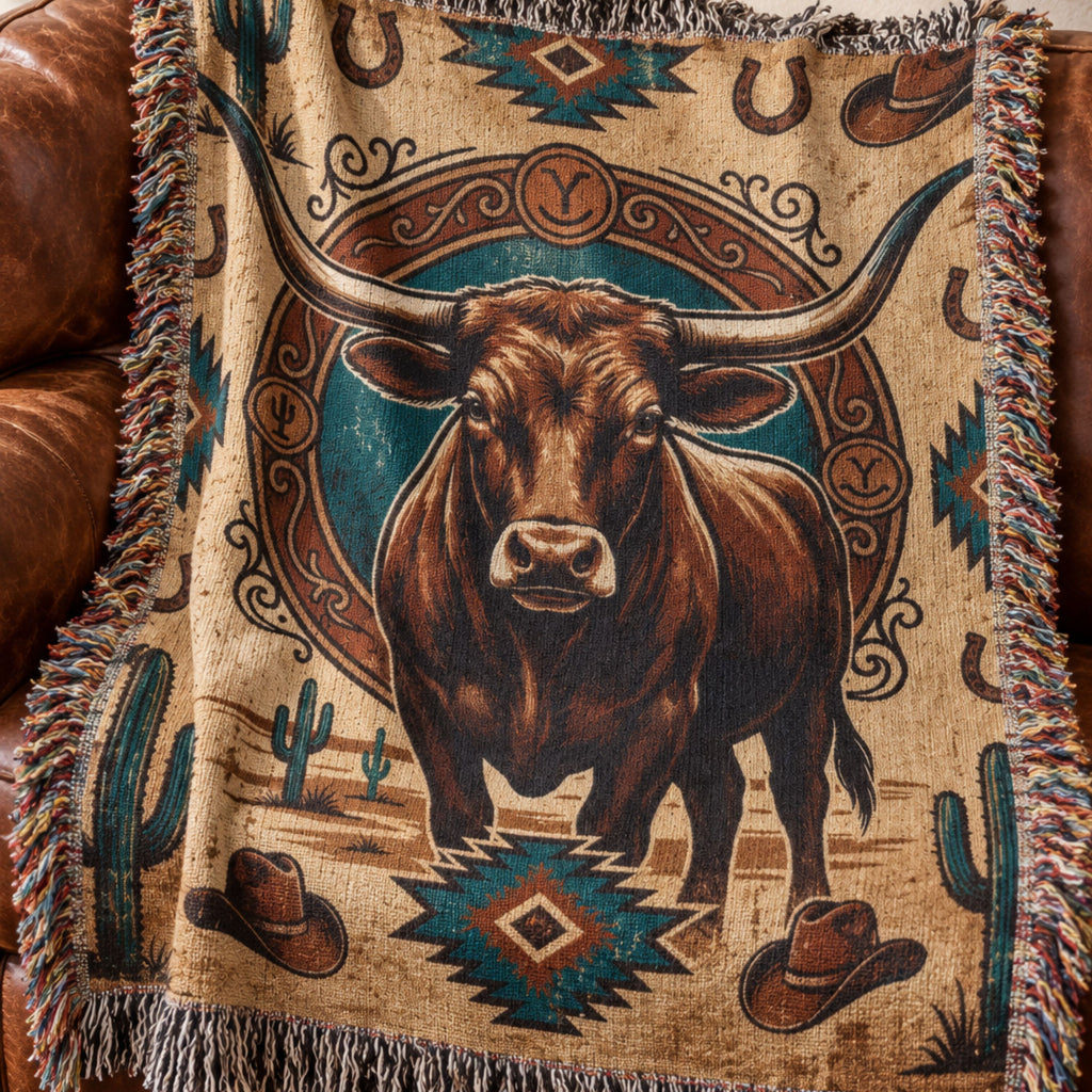 Longhorn Frontier Emblem woven cotton throw blanket draped over a leather sofa