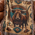 Longhorn Frontier Emblem woven cotton throw blanket draped over a leather sofa