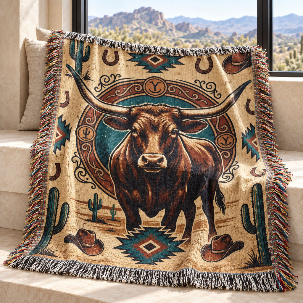 Longhorn western heritage woven cotton throw blanket draped over a chair by a window