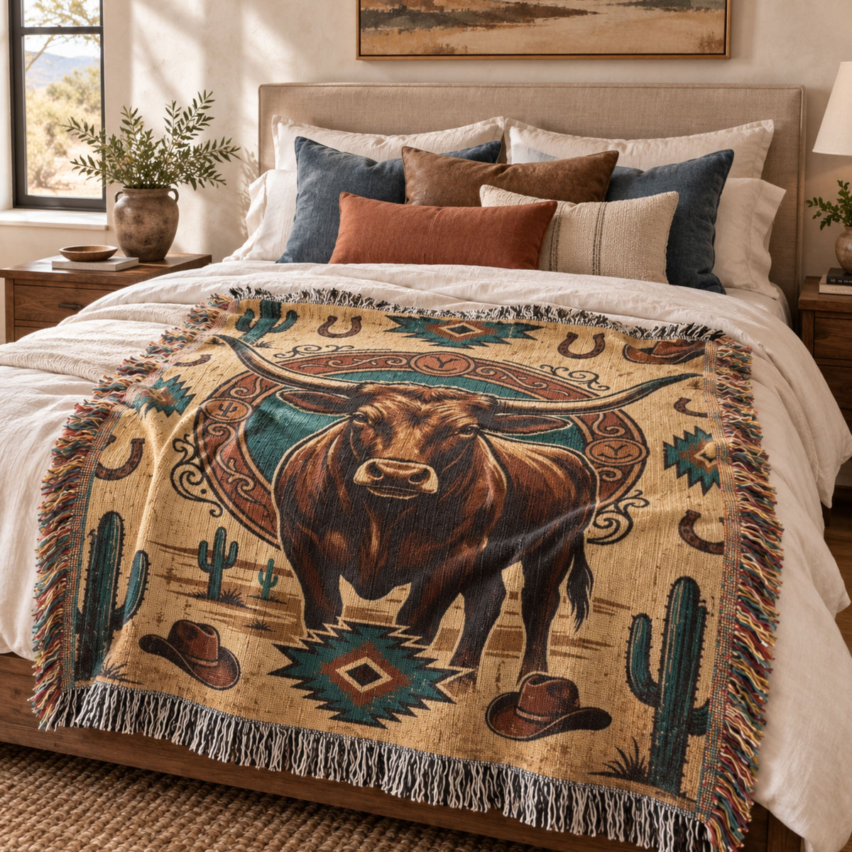 Longhorn Frontier Emblem woven cotton throw blanket with cacti and horseshoe western motif