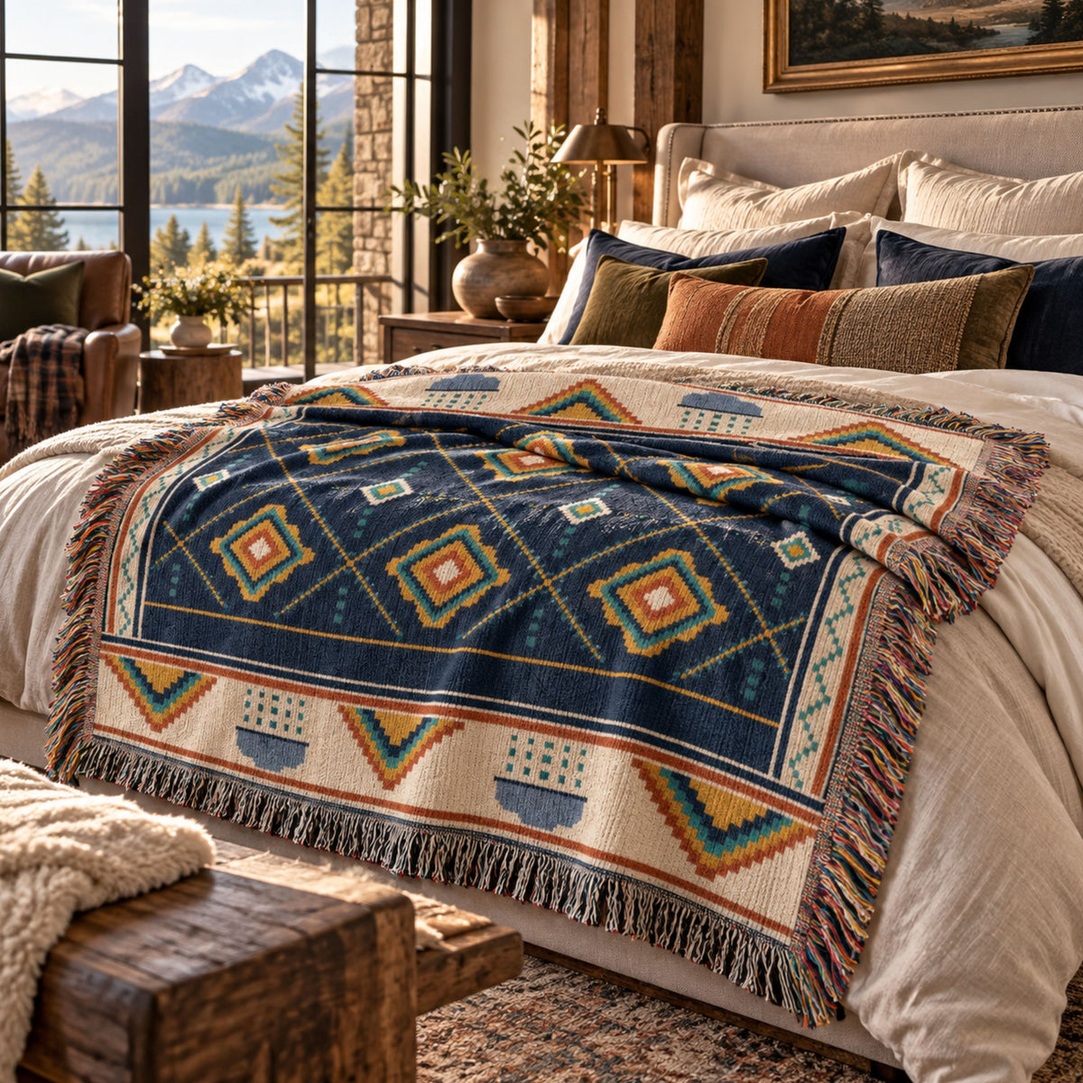 Navy geometric diamond woven cotton throw blanket draped over a bed with a mountain lake view