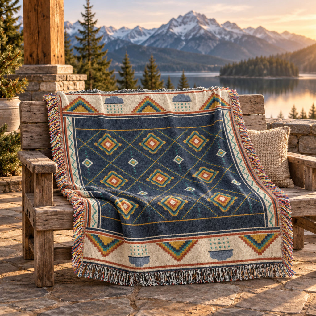 Navy geometric diamond woven cotton throw blanket with tassel fringe draped over a wooden bench