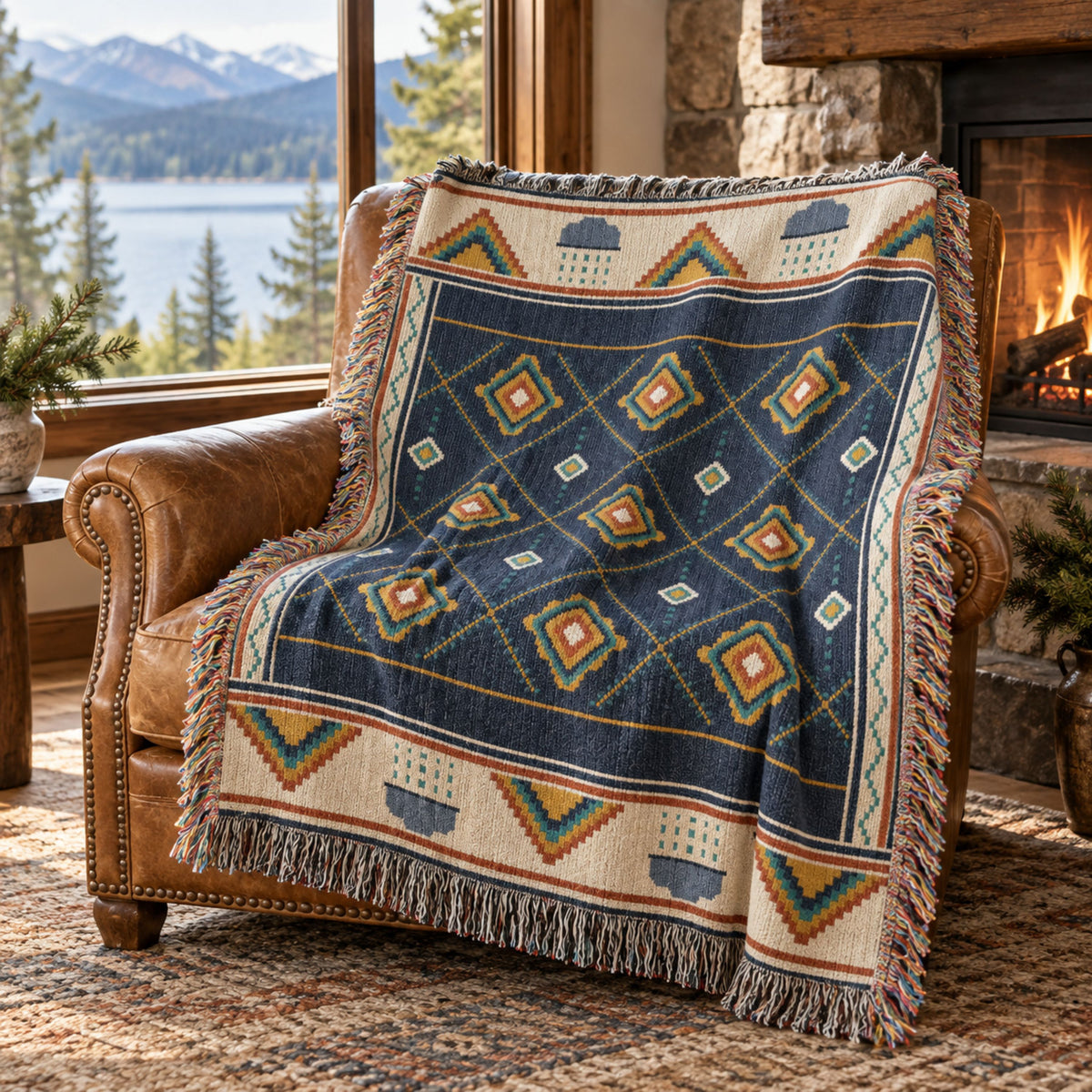 Navy geometric diamond woven cotton throw blanket draped over a leather armchair by a fireplace