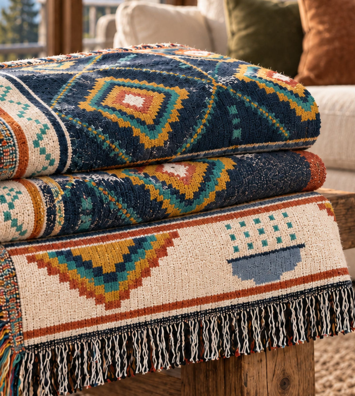 Rain Lattice navy geometric diamond woven cotton throw blanket folded on a table with a lake view