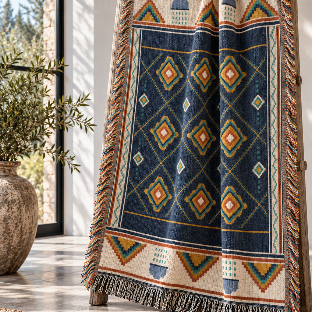 Navy geometric diamond woven cotton throw blanket with fringe draped over a wooden ladder