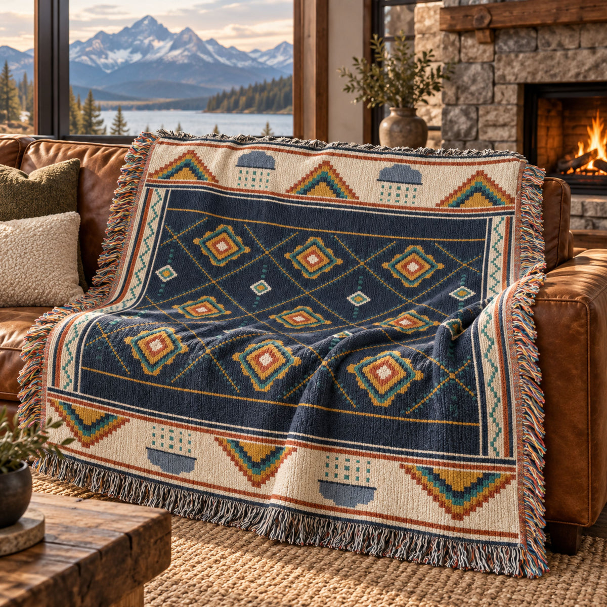 Navy geometric diamond woven cotton throw blanket draped over a cream sofa by a stone fireplace