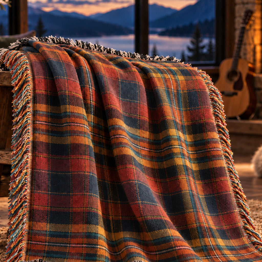 Denim and rose plaid woven cotton throw blanket with tassel fringe draped over a leather chair