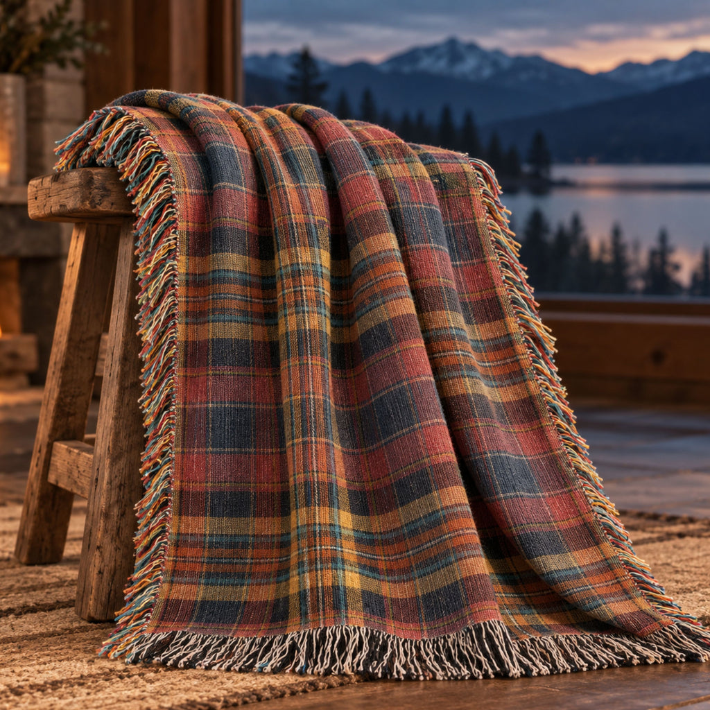 Denim and rose plaid woven cotton throw blanket with tassel fringe draped over a wooden stool by a lake
