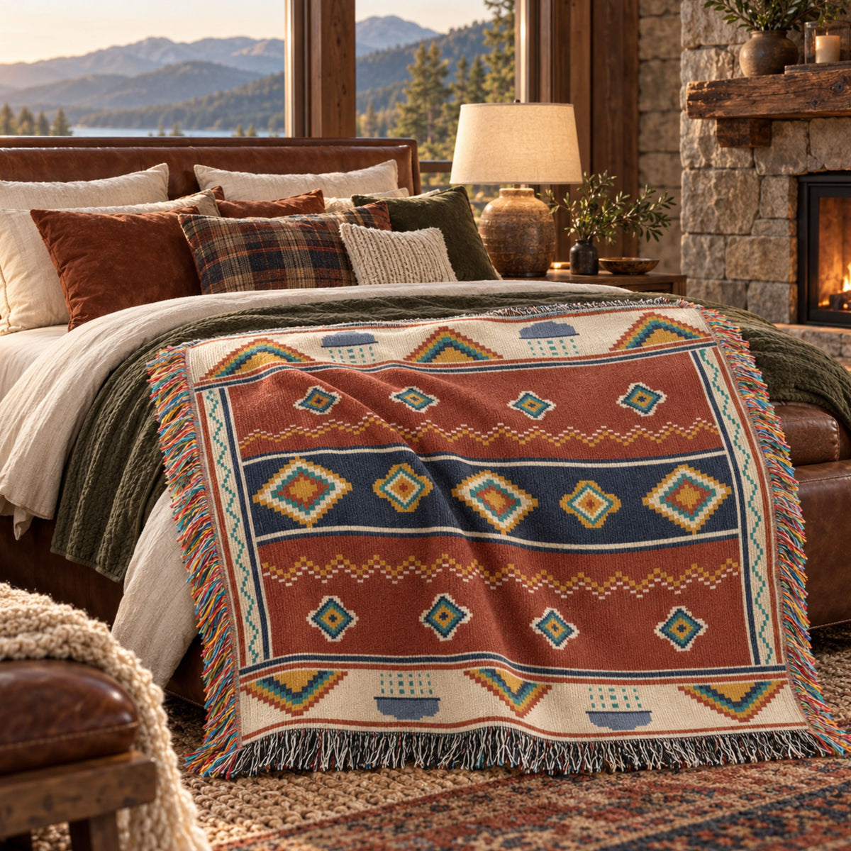 Rust and navy Southwestern geometric woven cotton throw blanket draped over a brown leather bed frame