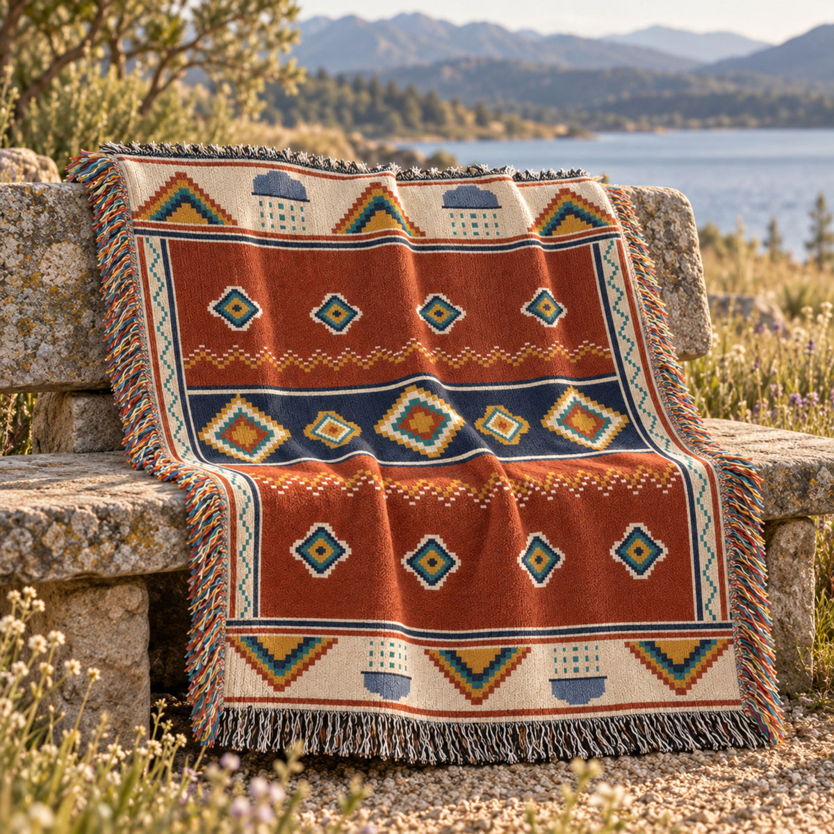 Rust and navy geometric woven cotton throw blanket with tassel fringe draped over a wooden bench