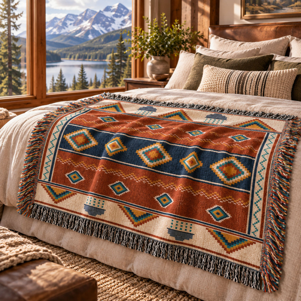 Rust and navy Southwestern geometric woven cotton throw blanket draped over a bed with a mountain lake view