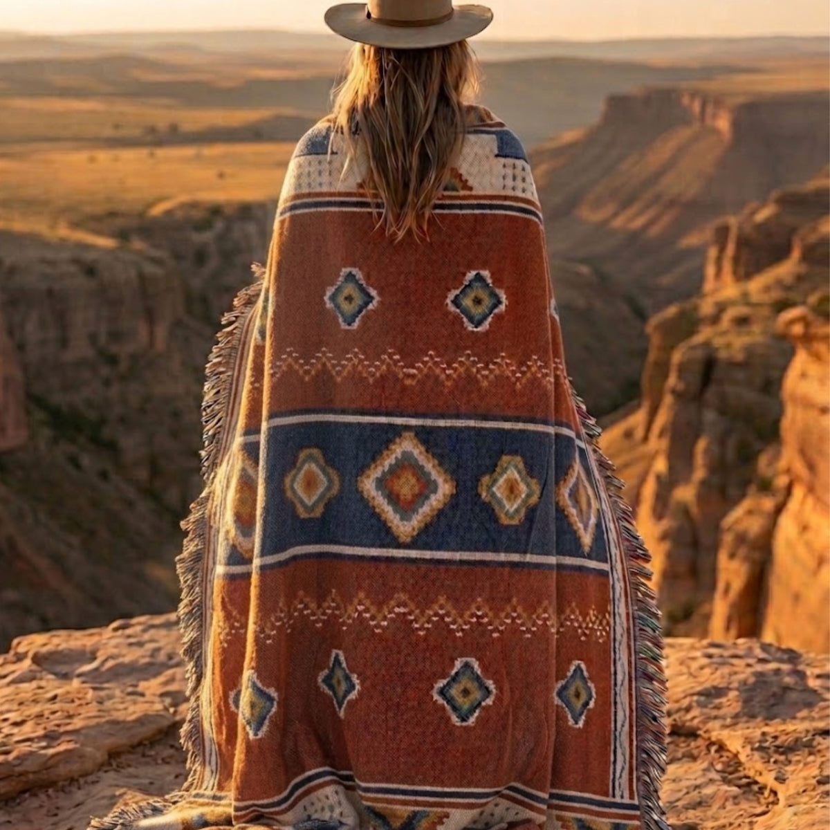 Woman wrapped in the Storm Front rust and navy geometric woven cotton throw blanket on a mountain cliff
