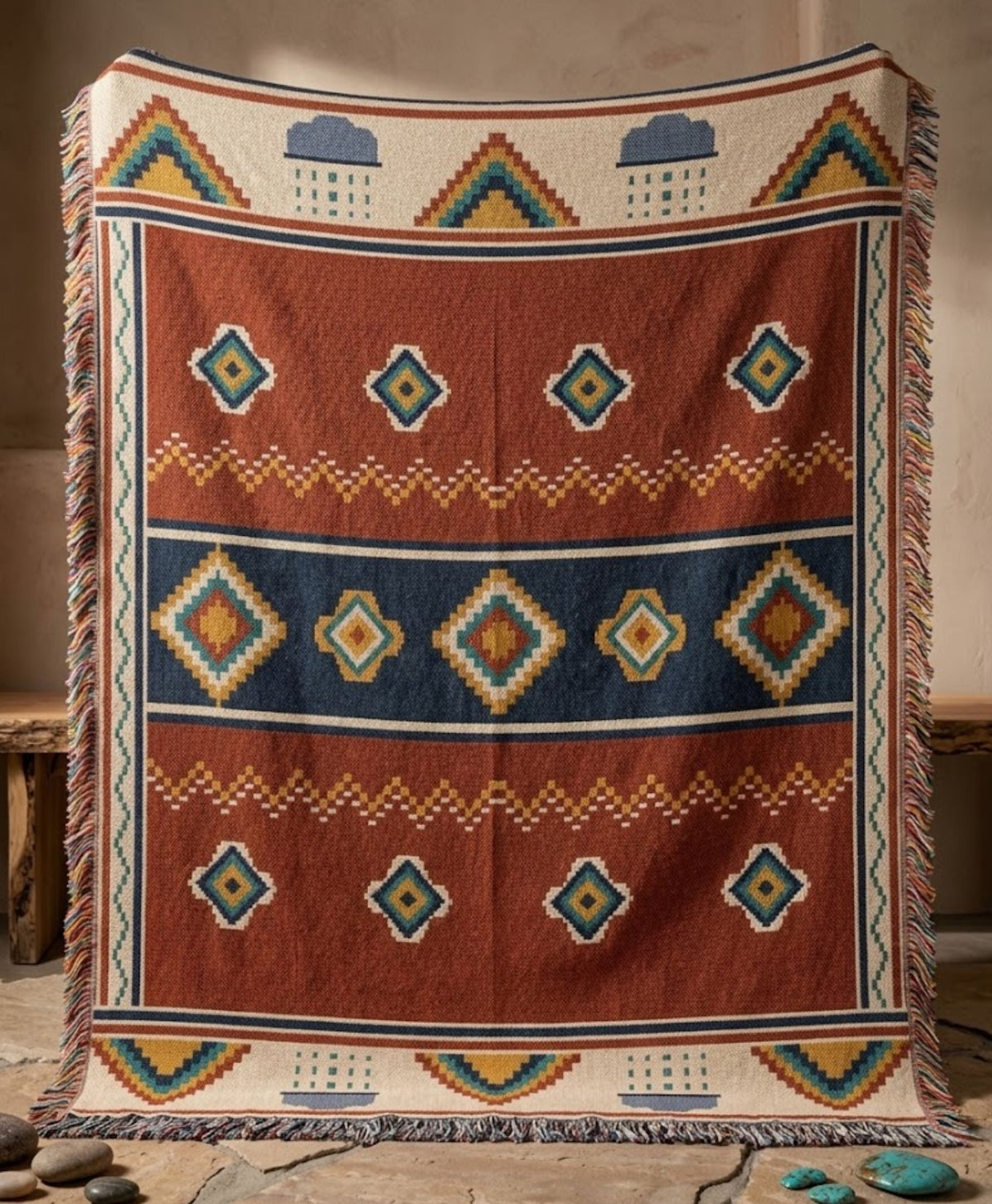Storm Front rust and navy geometric woven cotton throw blanket with fringe on a rocky mountain ledge