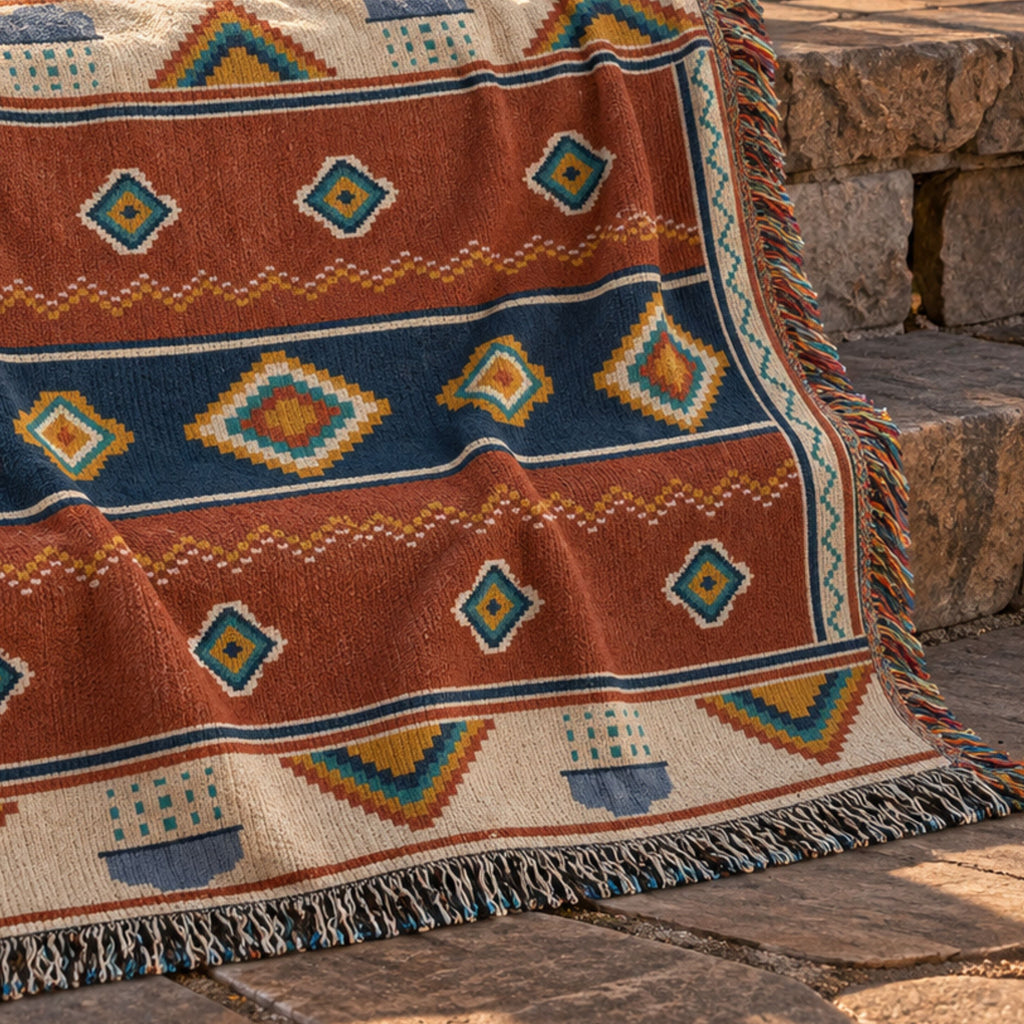 Rust and navy geometric woven cotton throw blanket folded on a bed with a mountain view