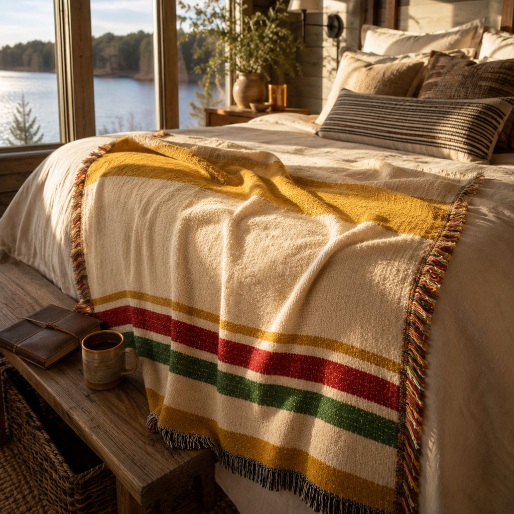 Magic Hour woven throw blanket styled on a bed in a warm, sunlit bedroom — Trini Skies