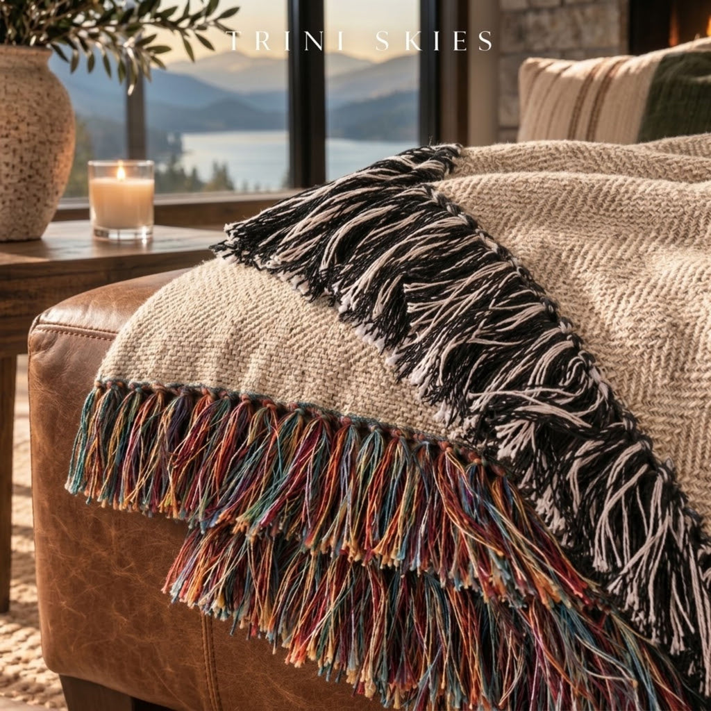 Timberline Black Forest Blanket | Dark Woven Fringed Cotton Throw | Lodge Cabin Decor
