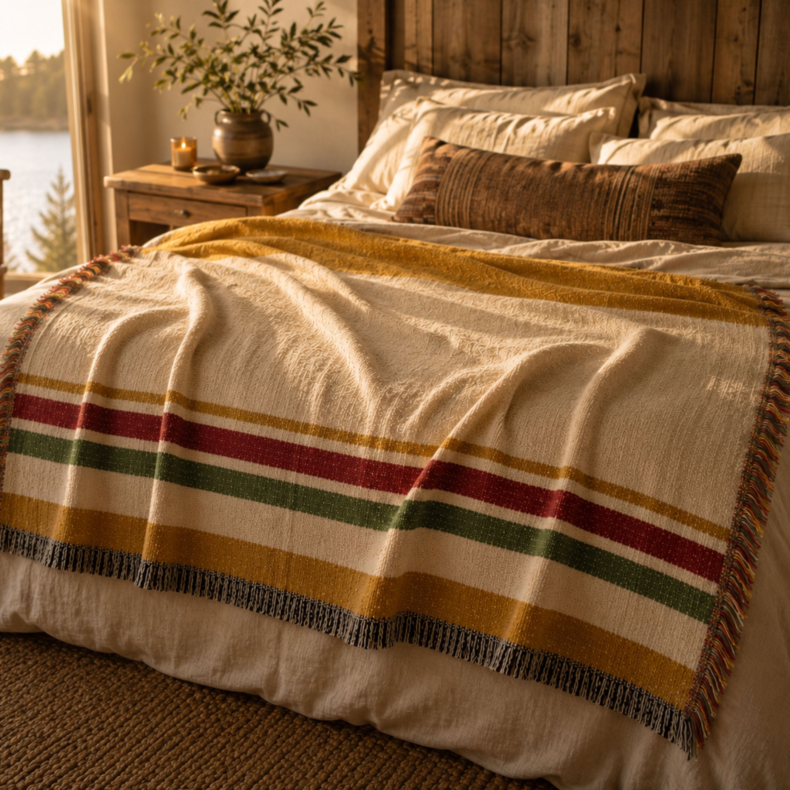 Magic Hour heirloom woven cotton throw blanket in honey-gold and warm ivory heritage stripe, laid over natural linen bedding with true red and clear green pinstripe detail — Trini Skies