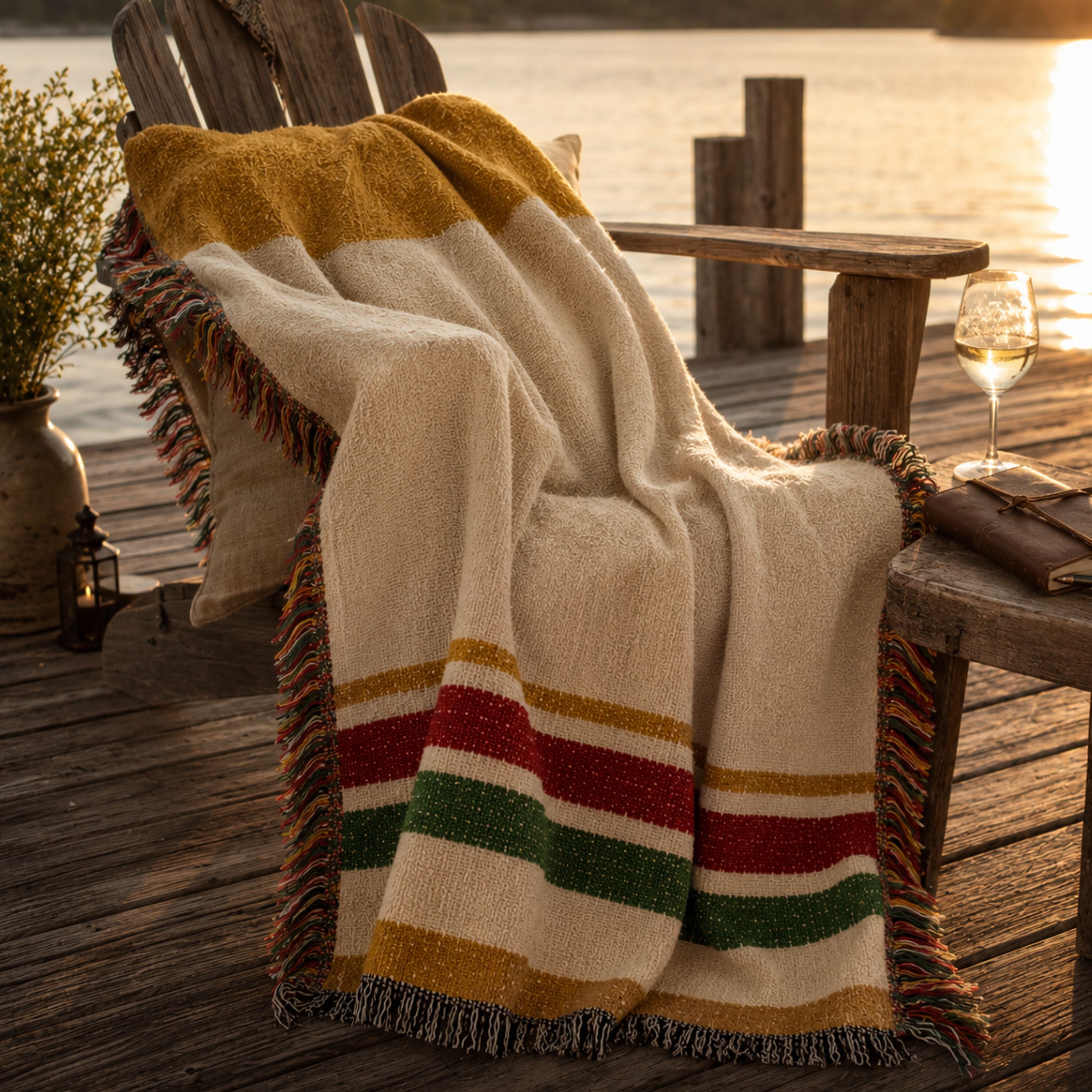 Magic Hour woven throw blanket draped over a weathered wooden chair on a quiet pier at golden hour, honey-gold and ivory heritage stripe with multicolor fringe — Trini Skies