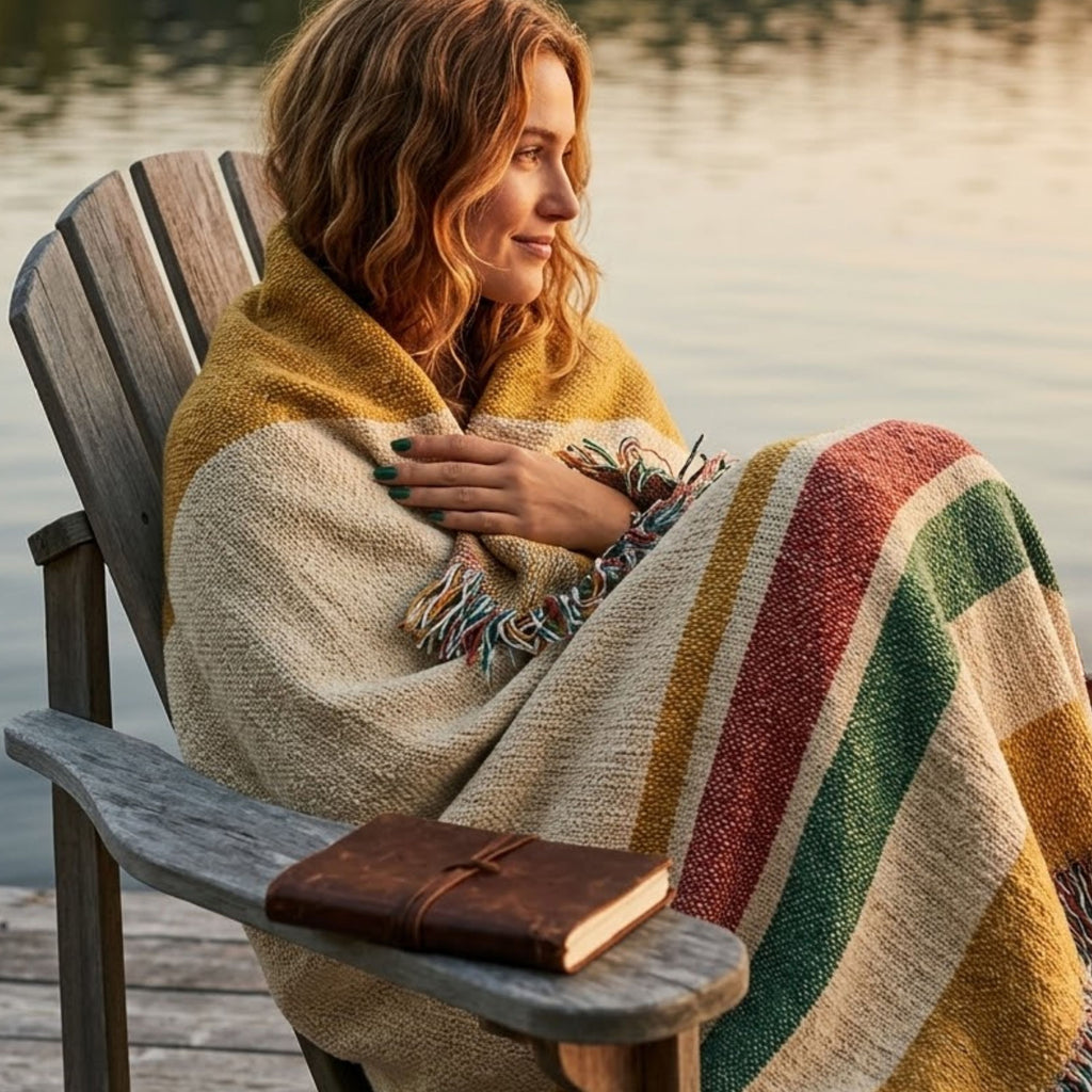 Magic Hour woven cotton throw blanket laid flat by the river, honey-gold band and low red and green stripe cluster with multicolor fringe — Trini Skies