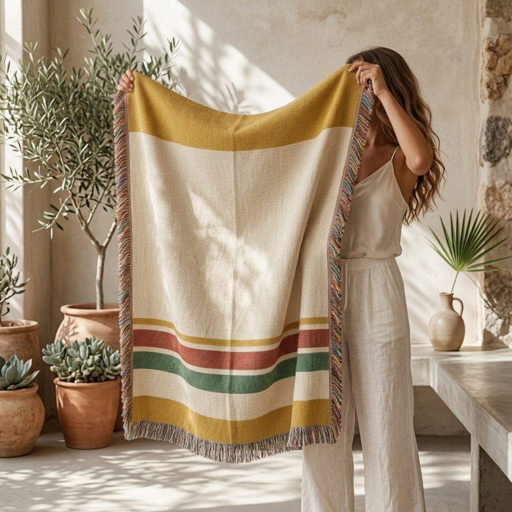 Close-up of the Magic Hour woven throw blanket's honey-gold, red, and green stripe detail and texture — Trini Skies