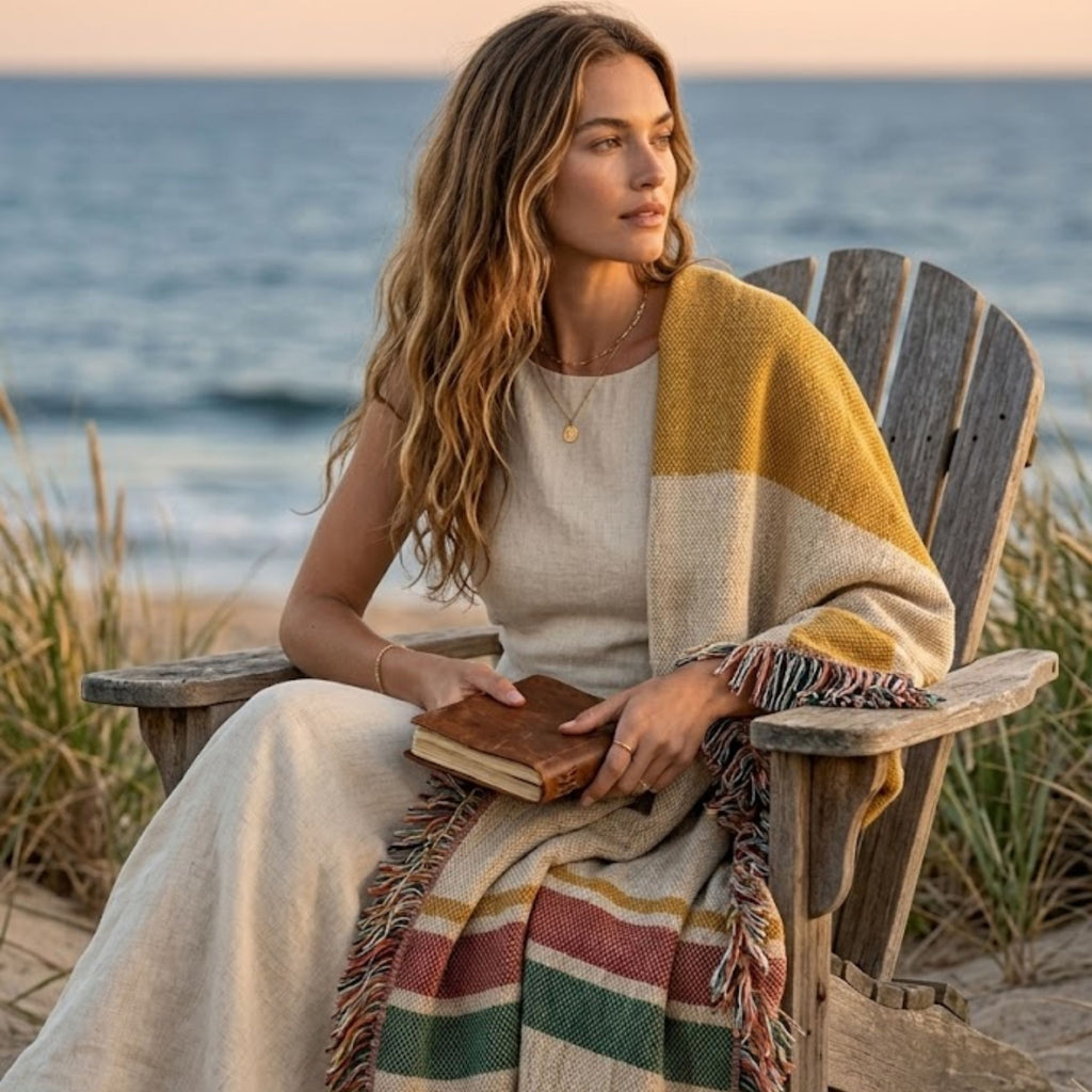 Woman wrapped in the Magic Hour woven throw blanket at golden hour on the beach — Trini Skies