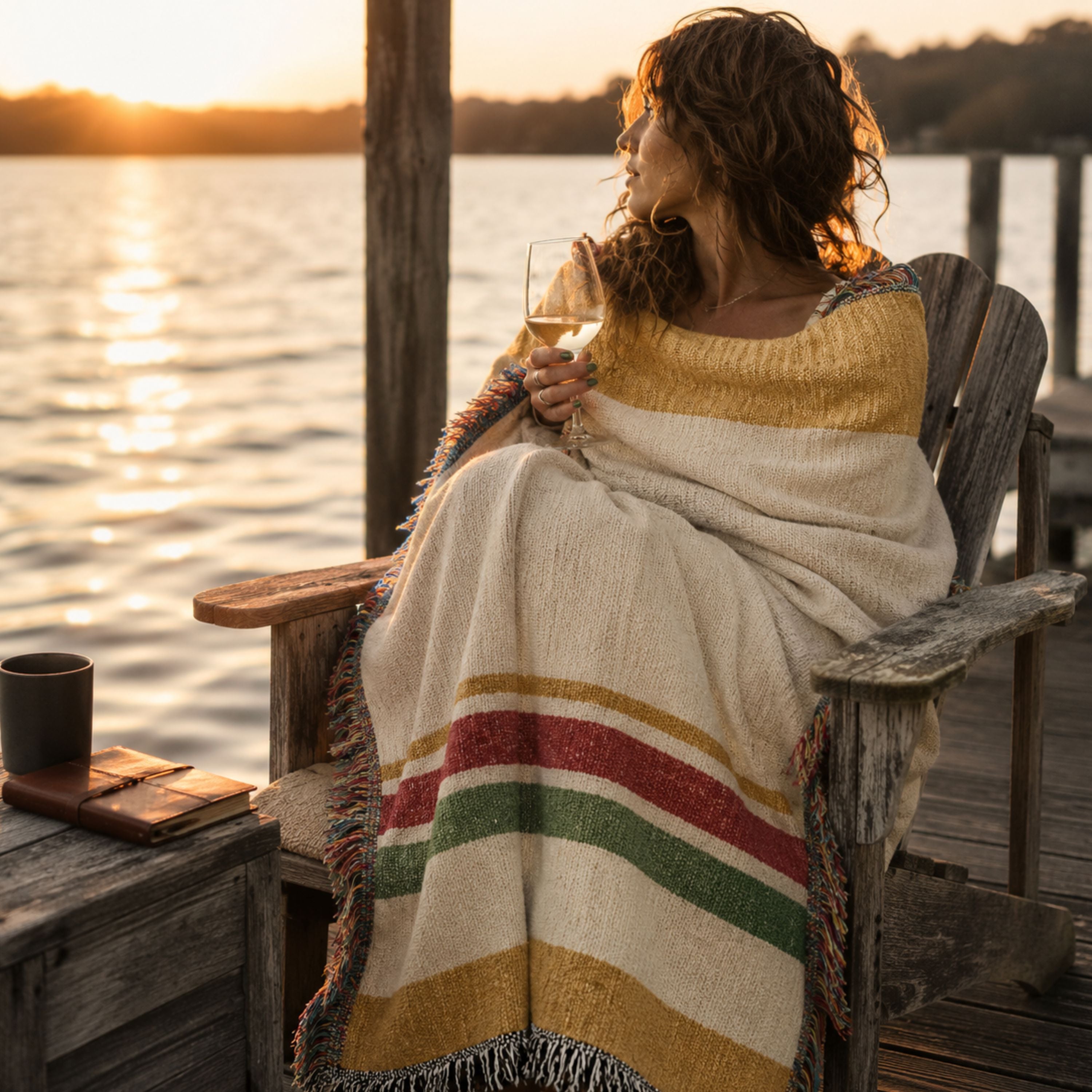 Woman sitting in a weathered Adirondack chair wrapped in the Magic Hour woven throw blanket at sunset — Trini Skies