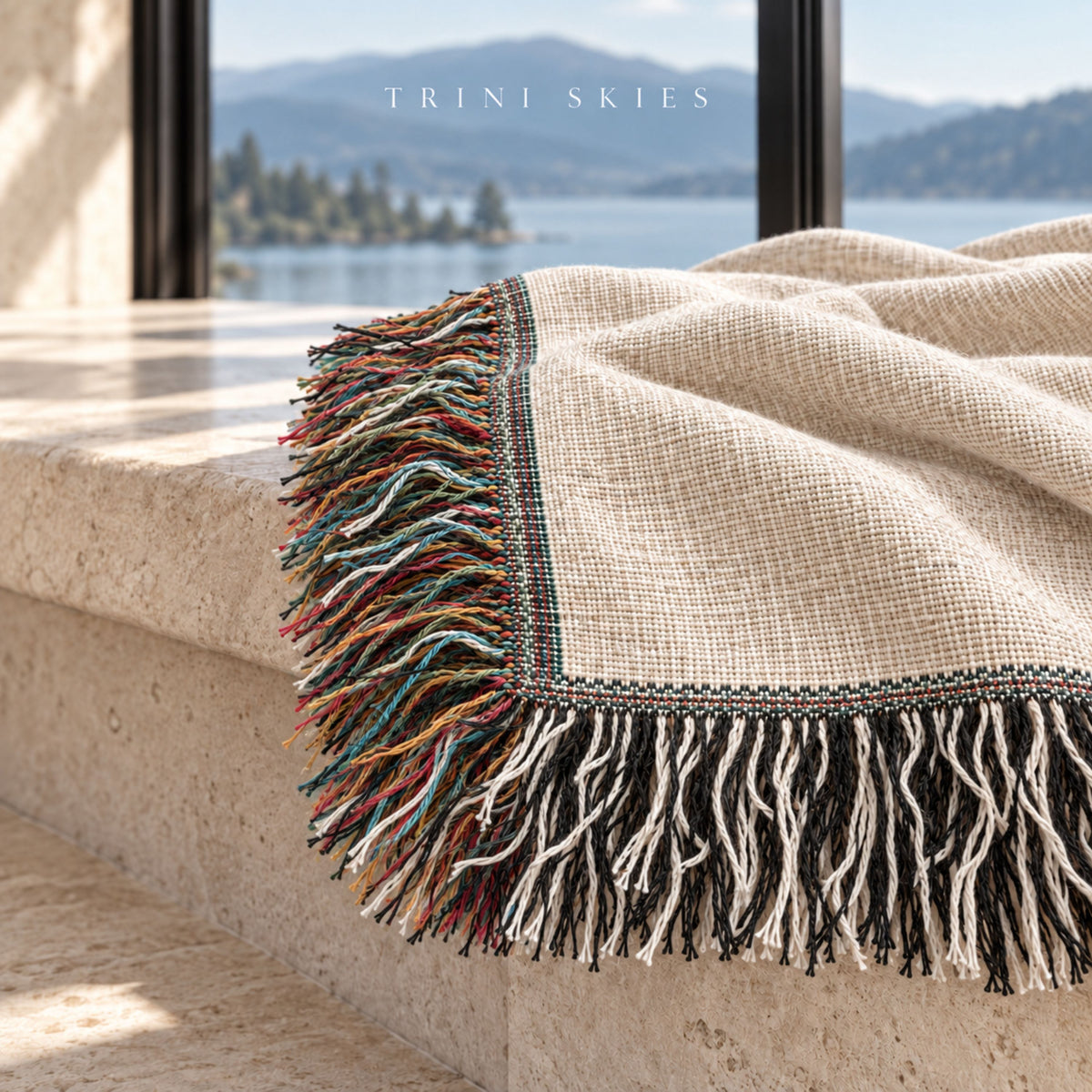 Close-up of the multicolor and black-and-white woven fringe on a cream cotton throw in soft window light