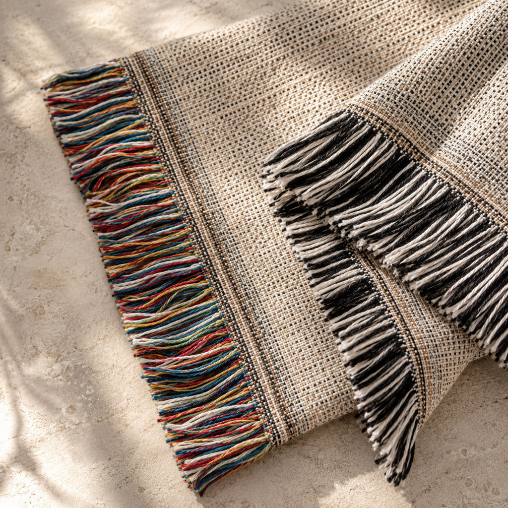 Close-up of the woven cotton fringe — multi-color side fringe and dark top-and-bottom fringe, showing the woven-not-printed construction — Trini Skies