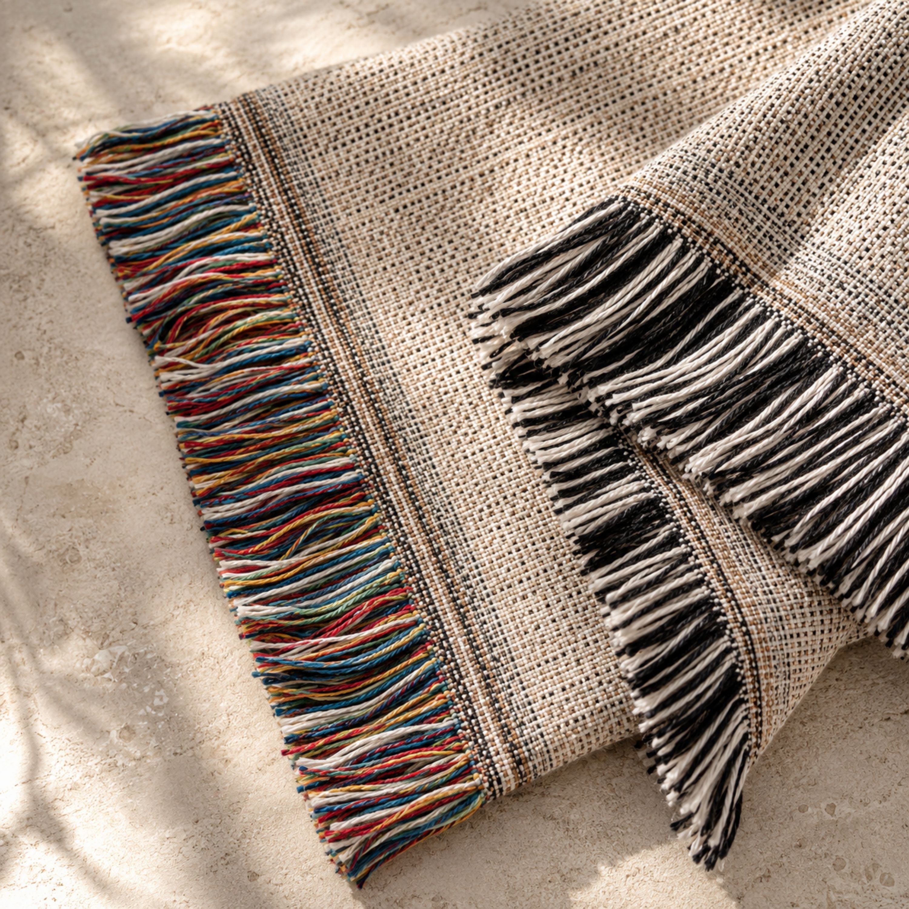 Close-up of the woven cotton fringe — multi-color side fringe and dark top-and-bottom fringe, showing the woven-not-printed construction — Trini Skies