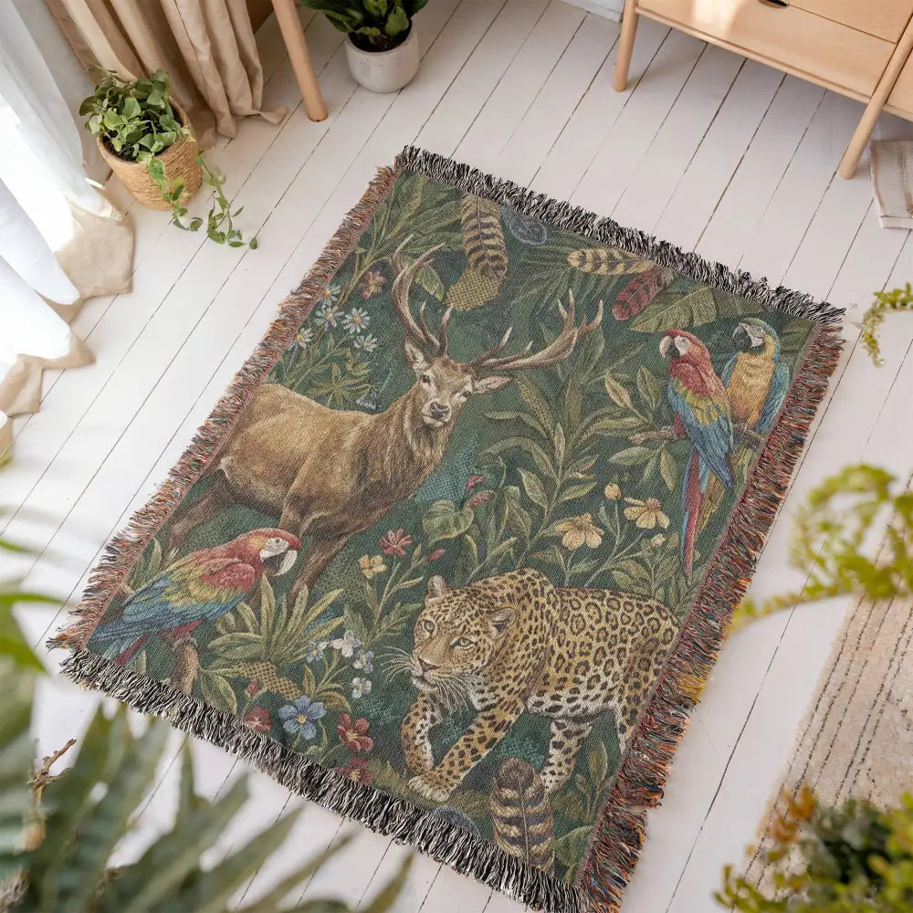 Luxury jacquard woven tapestry throw with wildlife design: deer, leopard, parrots