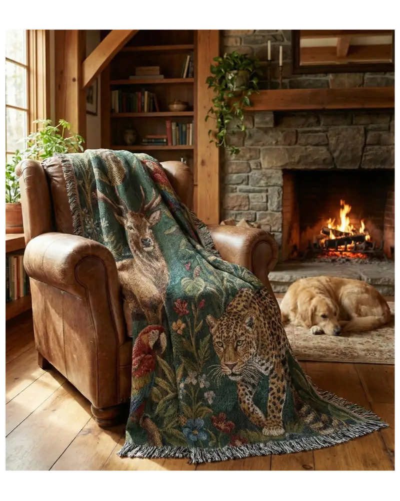 Green woven tapestry throw with luxury jacquard wildlife design