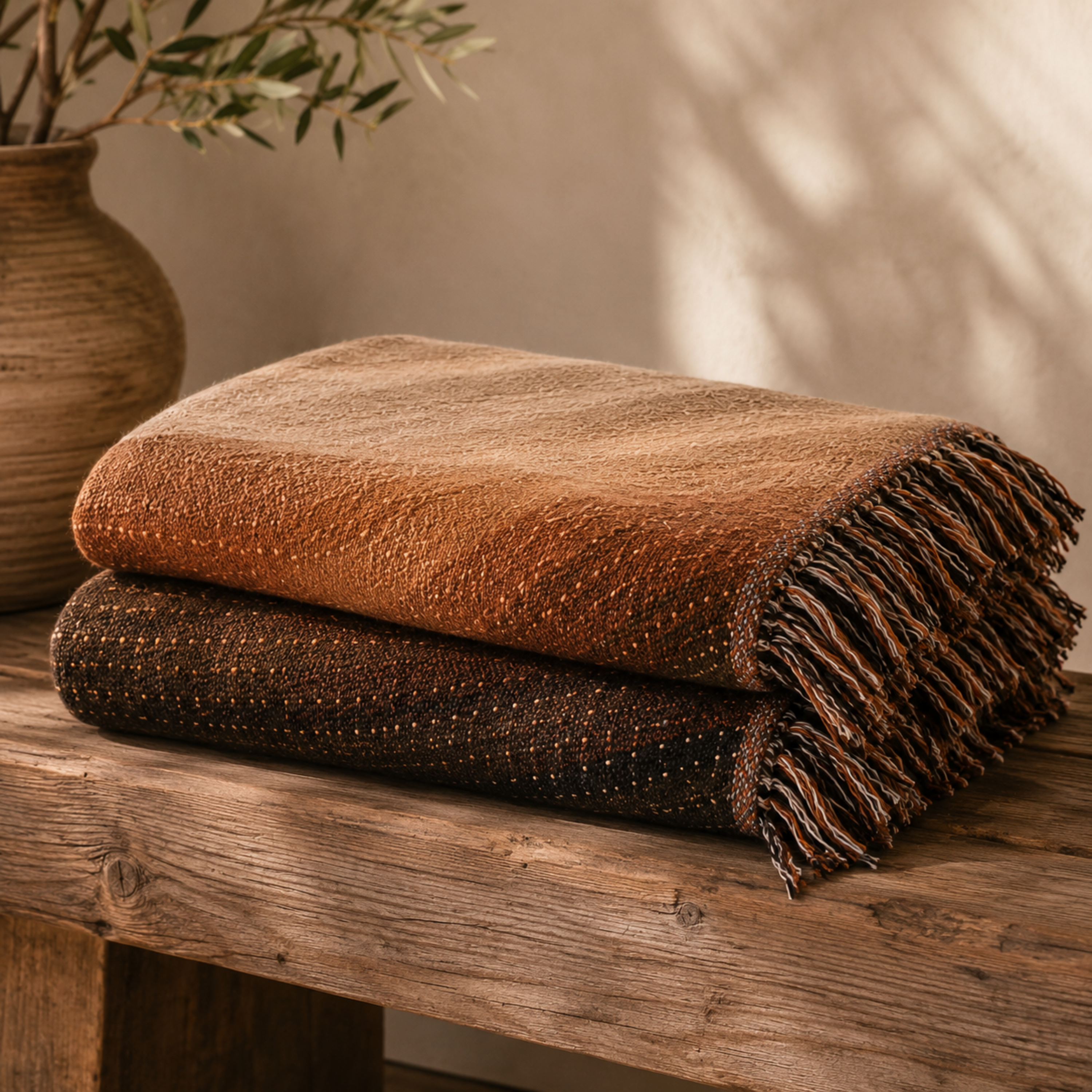 Horizon Fade woven cotton throw blanket folded to show full ombré gradient — oat sand tobacco cider and espresso tones with multicolor fringe detail