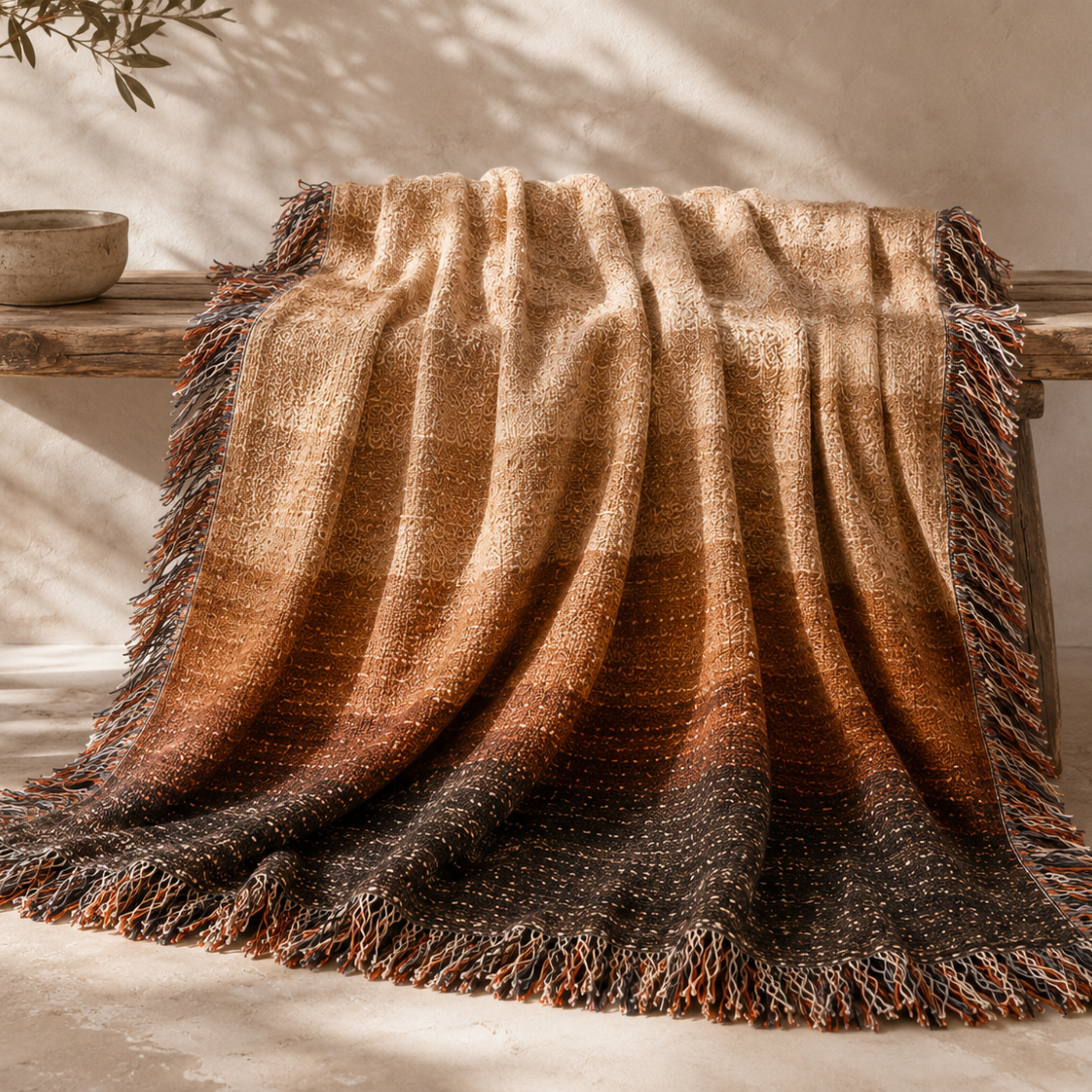 Horizon Fade woven cotton throw blanket draped to show natural movement and tonal gradient, multicolor artisan fringe on all four sides, American made
