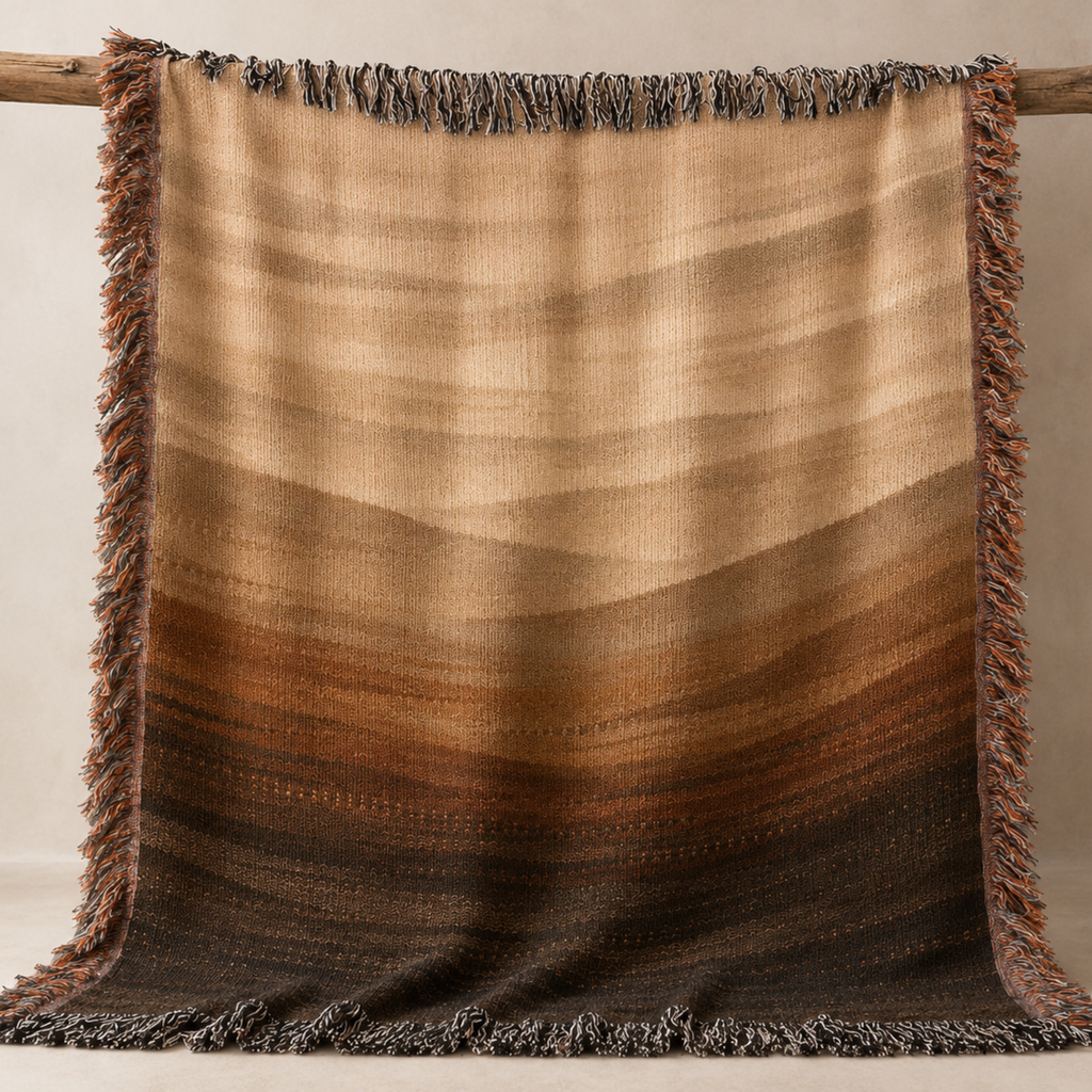 Horizon Fade woven cotton throw blanket hanging to show full length ombré gradient from warm oat to deep espresso with multicolor fringe trim