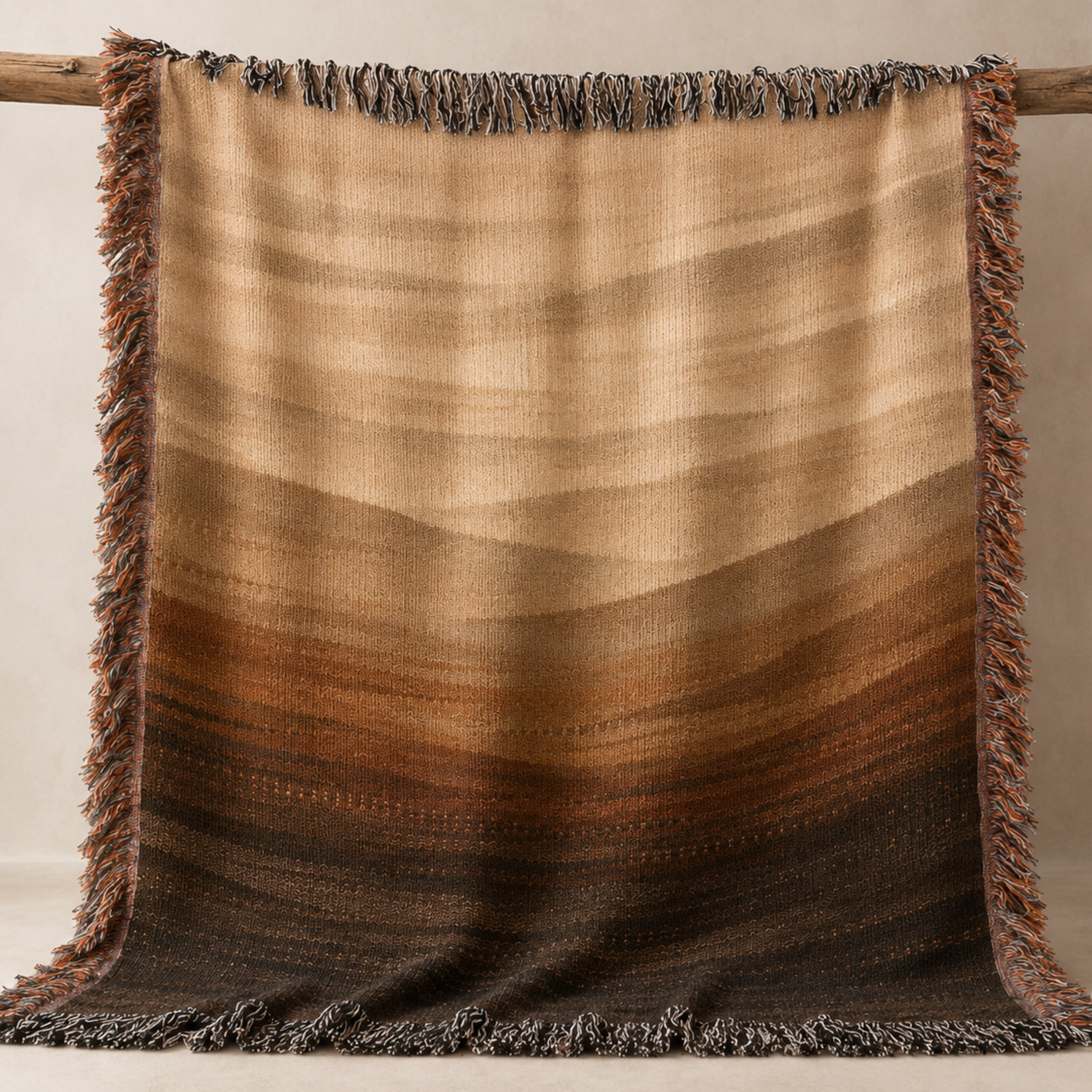 Horizon Fade woven cotton throw blanket hanging to show full length ombré gradient from warm oat to deep espresso with multicolor fringe trim