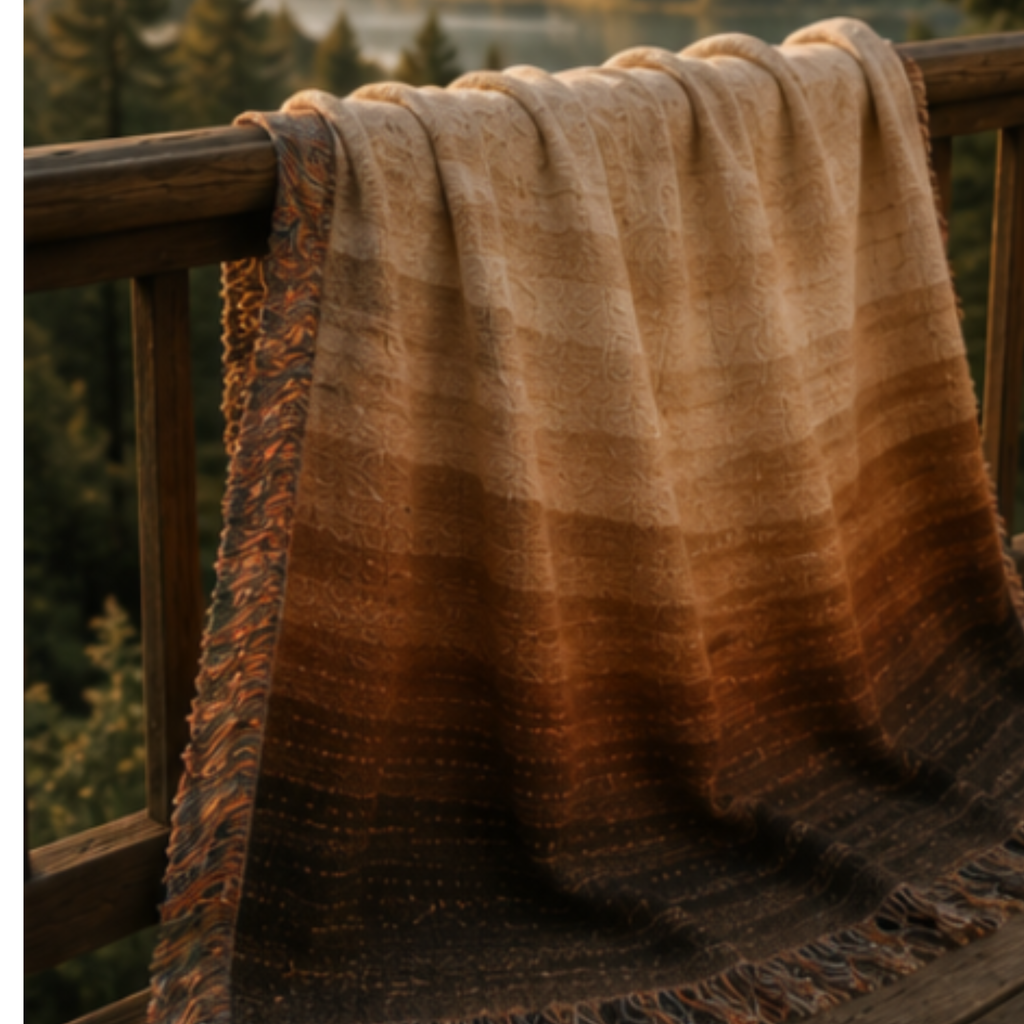 Horizon Fade woven cotton throw blanket draped over wooden deck railing, ombré gradient from warm oat through cider to deep espresso, mountain lake and pine treeline behind it