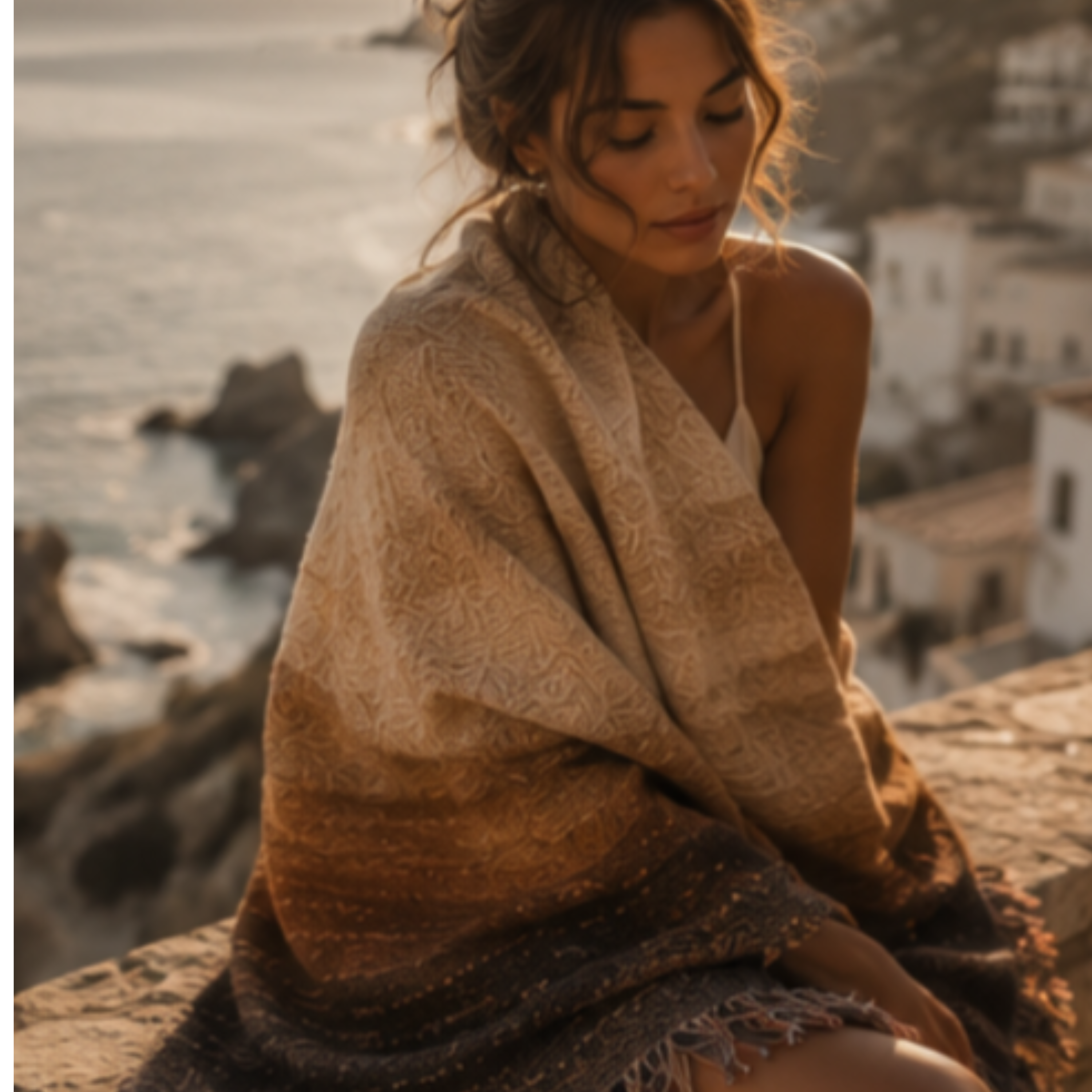 Woman wrapped in Horizon Fade woven cotton throw blanket seated on stone terrace overlooking Amalfi Coast at golden hour, ombré earth tone gradient from oat to espresso with multicolor fringe