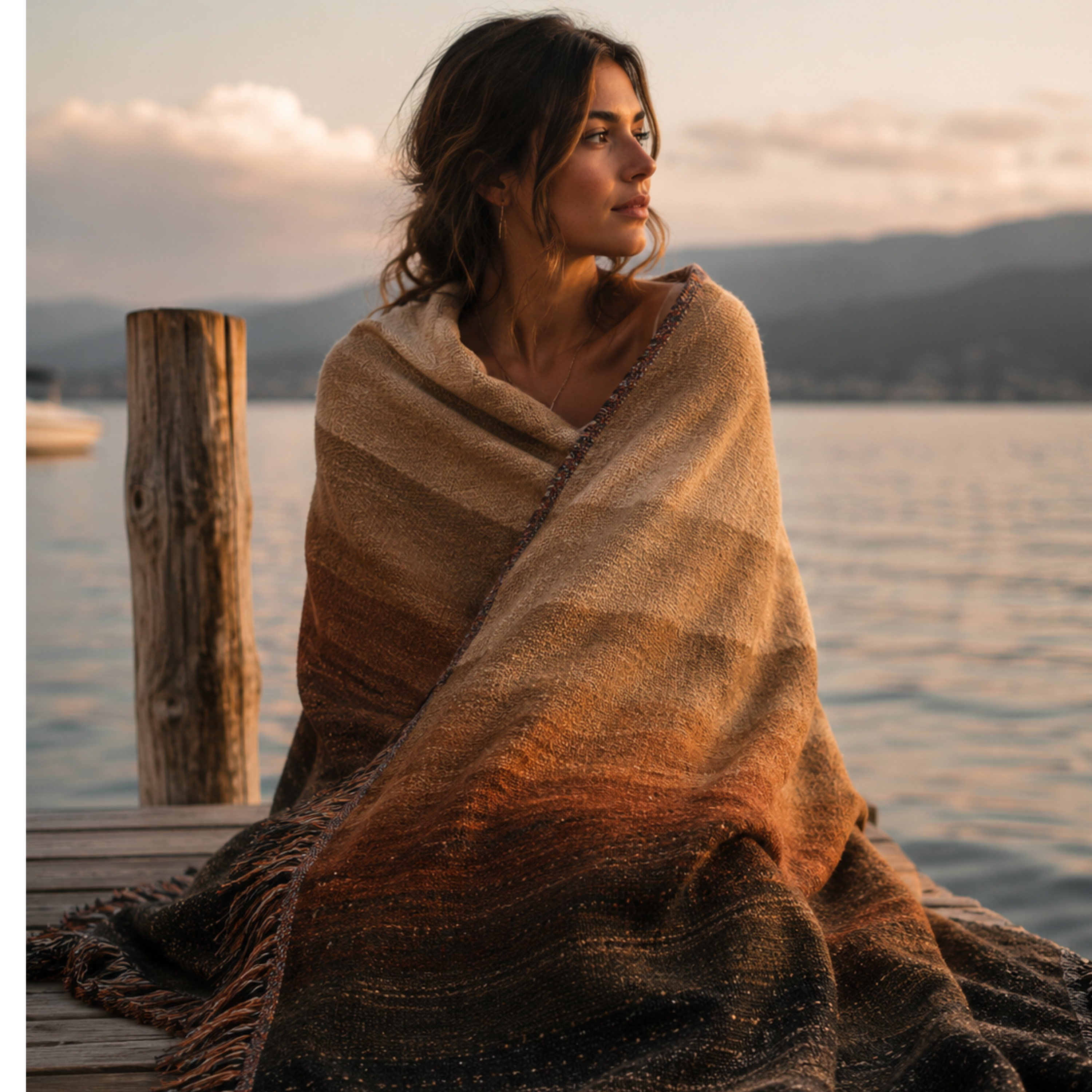 Woman wrapped in Horizon Fade woven cotton throw blanket sitting on stone railing near water, earth tone ombré gradient with multicolor artisan fringe, golden hour light