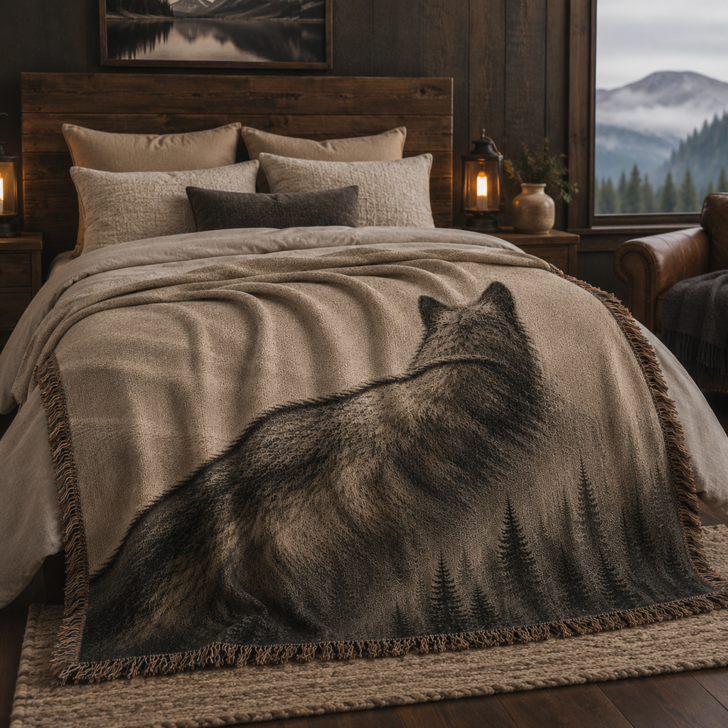 Ghost of the Timber wolf tapestry throw blanket layered across lodge bed with mountain view through cabin window at dusk