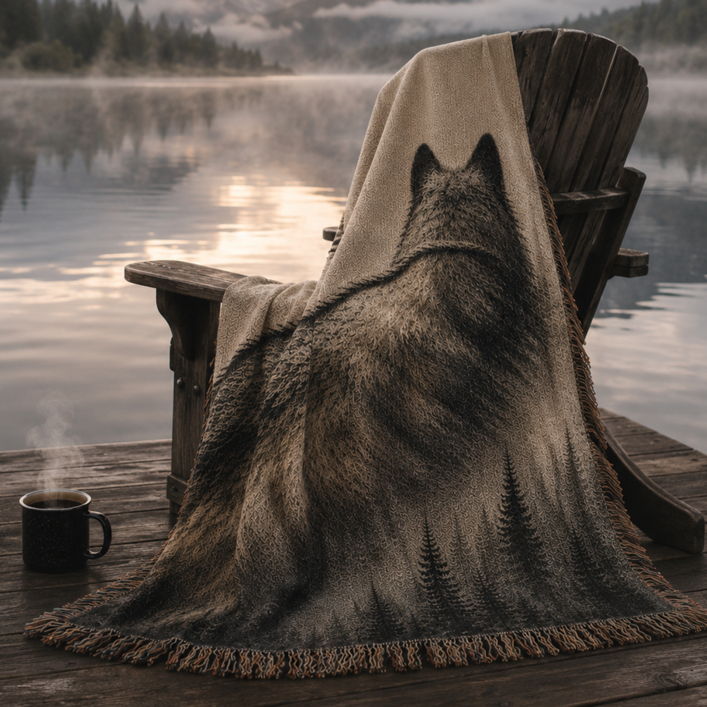 Ghost of the Timber wolf woven tapestry throw blanket draped over Adirondack chair on misty morning lake dock with steaming coffee mug