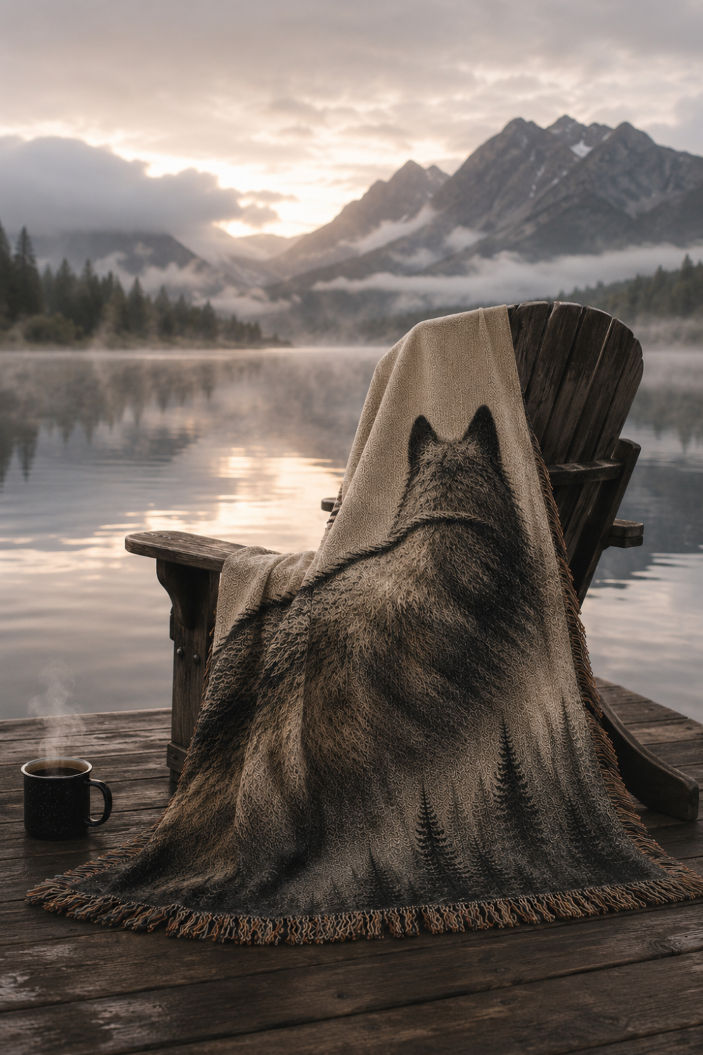 Ghost of the Timber wolf tapestry throw blanket on weathered wooden chair at river's edge surrounded by pine forest