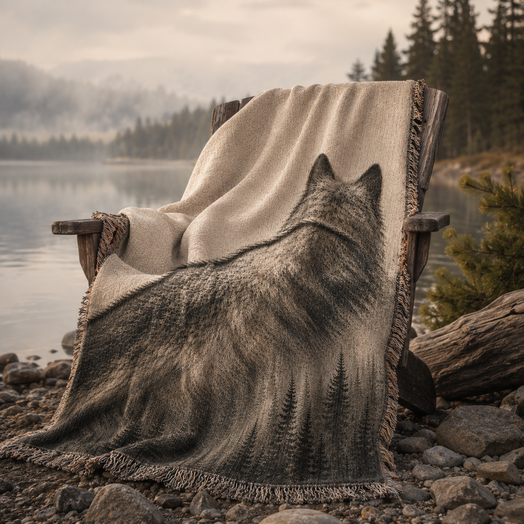 Ghost of the Timber wolf tapestry throw blanket over rustic wooden chair beside misty river in Pacific Northwest forest