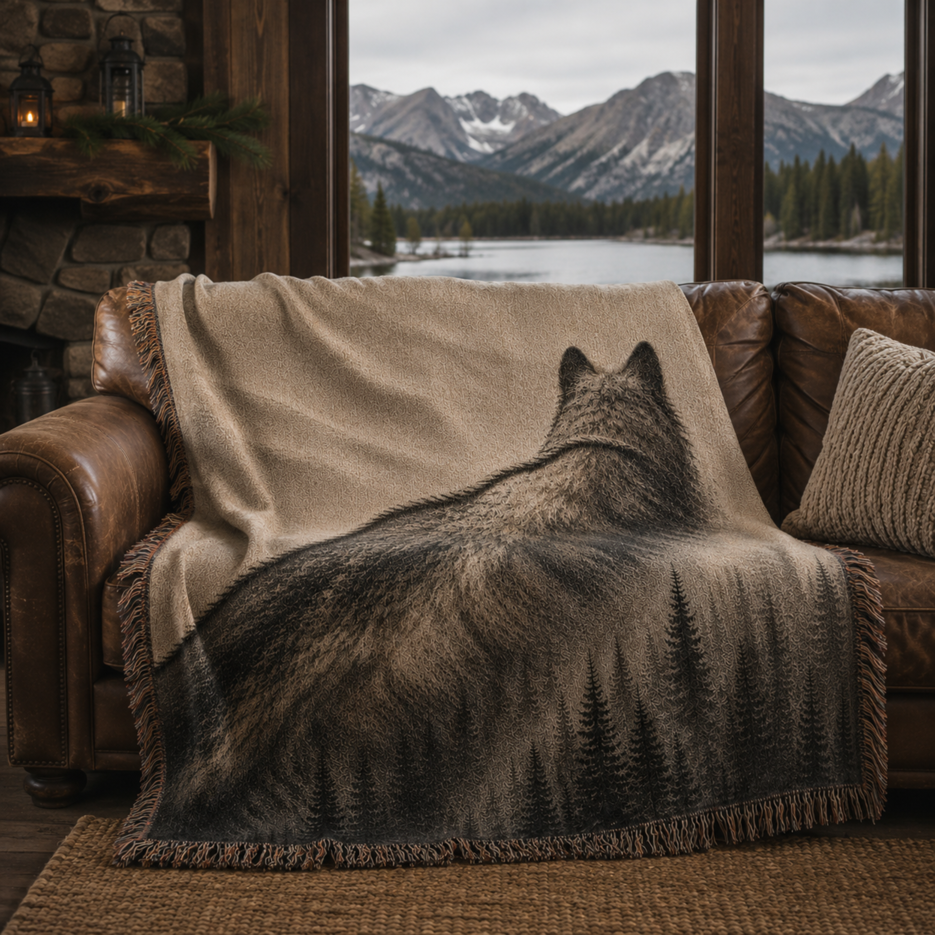 Ghost of the Timber wolf woven throw blanket draped over leather sofa in mountain cabin with snow-capped peaks through window