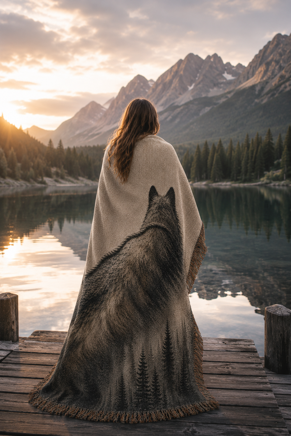 Woman wrapped in Ghost of the Timber wolf woven tapestry throw blanket standing on dock at golden hour mountain lake sunset