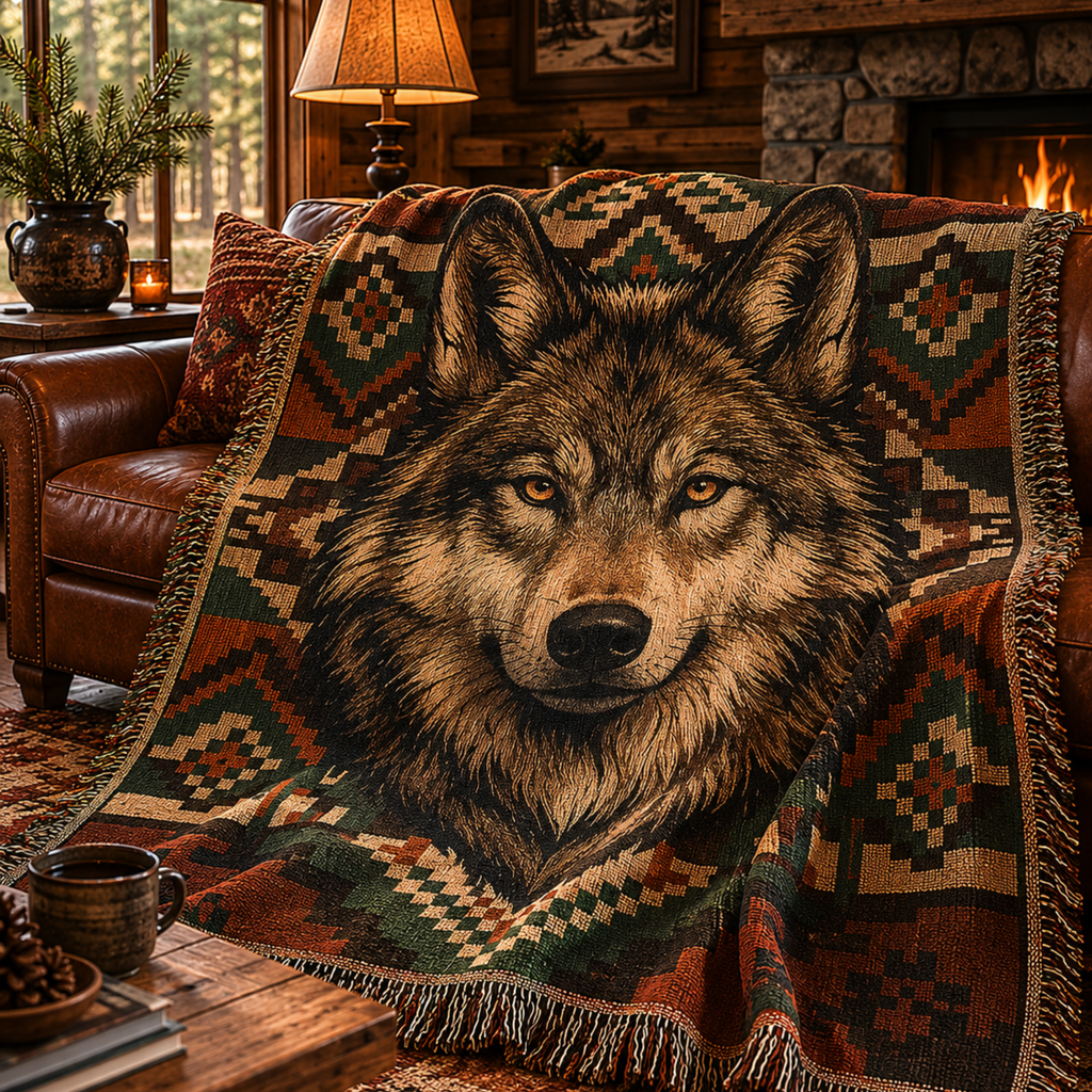 Alpha Wolf woven cotton throw draped over leather sofa in lodge interior with warm lamp light — southwestern wolf blanket by Trini Skies