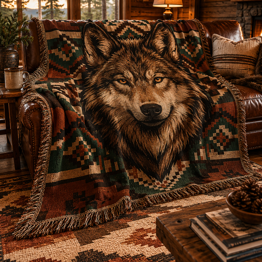 Alpha Wolf woven throw on leather chair by stone fireplace with coffee mug — cabin and lodge blanket by Trini Skies